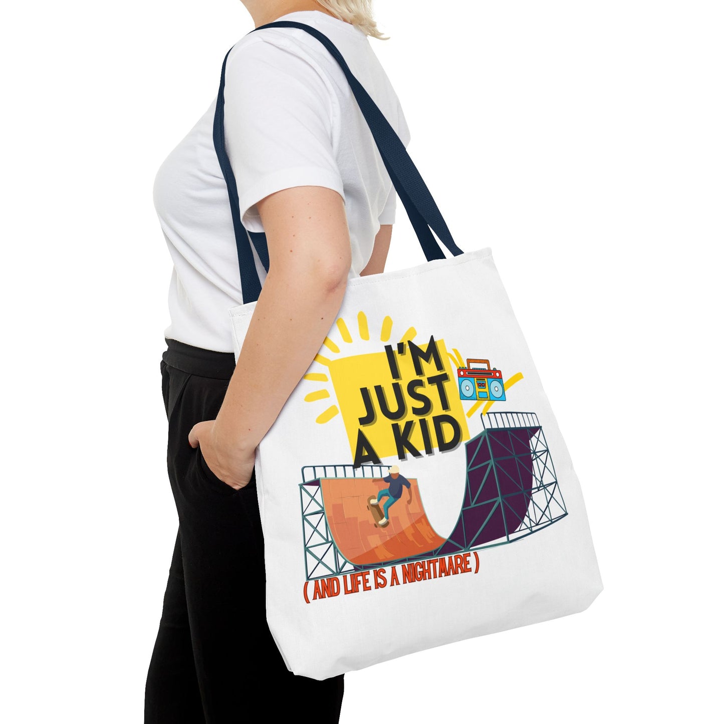 “I’m Just a Kid” Emotional Baggage Tote, Fun Kids Tote, Birthday Gift, School Bag, Everyday Essentials, AOP Design - Mixtape Hearts