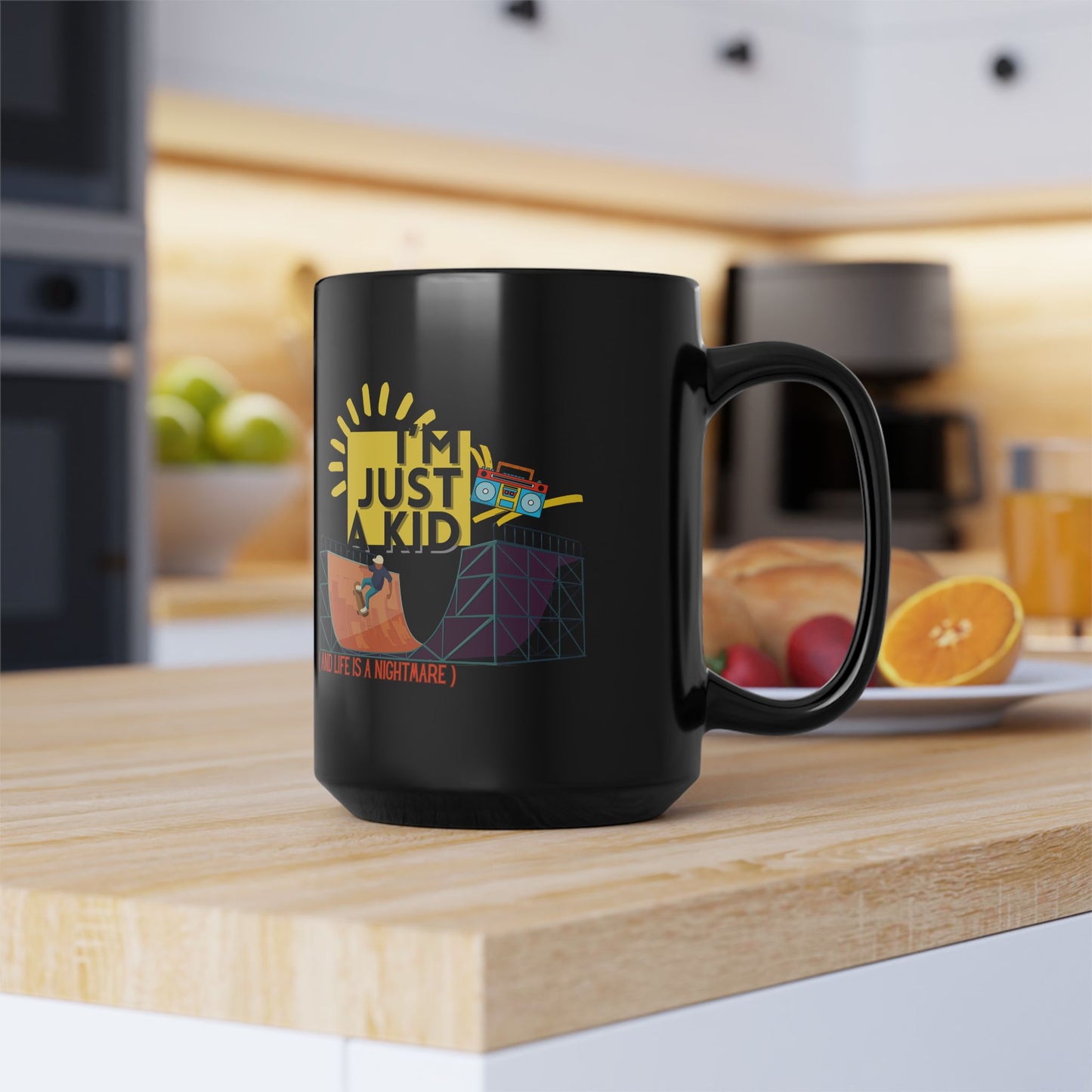 “I’m Just a Kid” Cry-While-Sipping Black Mug – Skateboarding Vibes, Perfect for Gifts, Birthdays, Coffee Lovers, Cheerful Home Decor - Mixtape Hearts