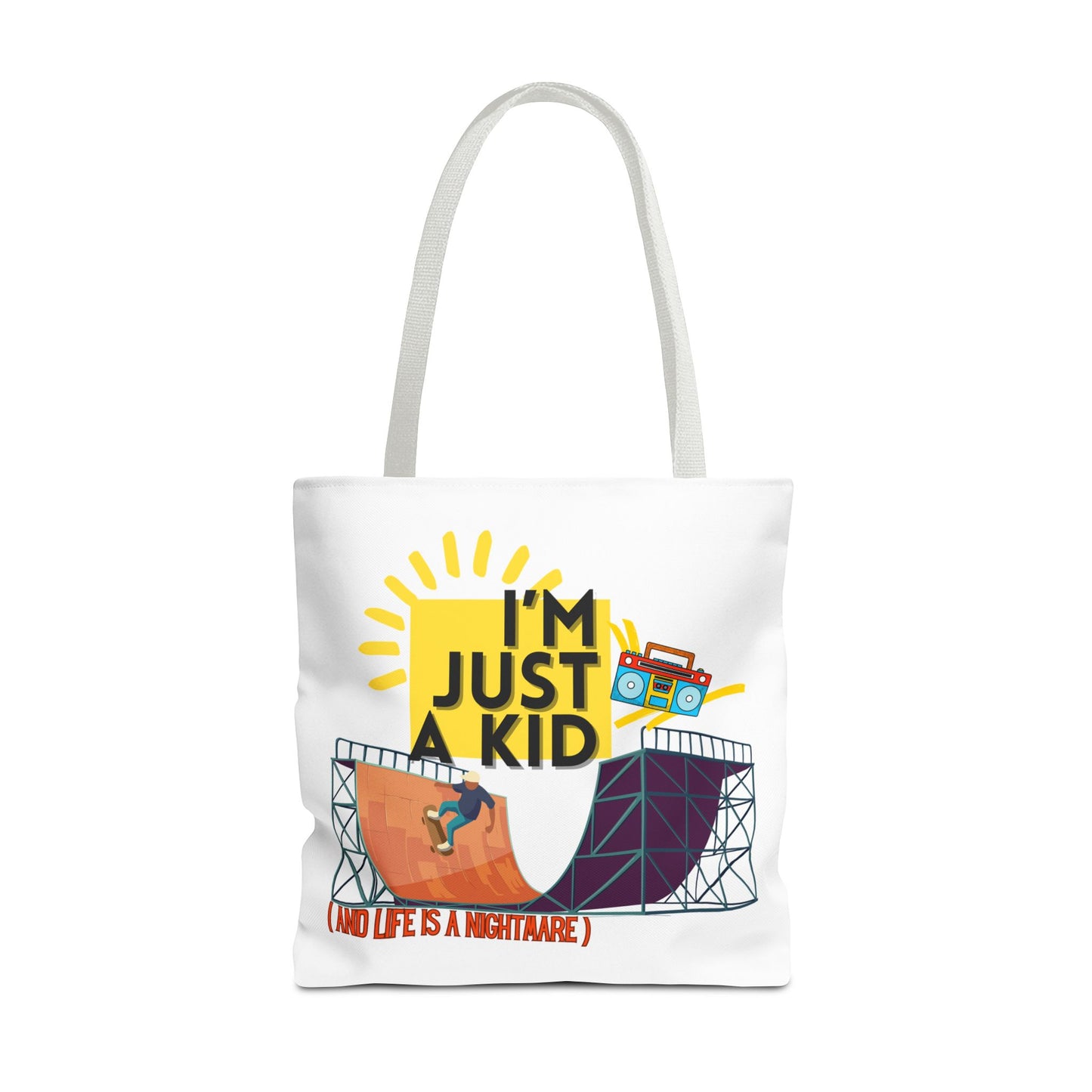 “I’m Just a Kid” Emotional Baggage Tote, Fun Kids Tote, Birthday Gift, School Bag, Everyday Essentials, AOP Design - Mixtape Hearts