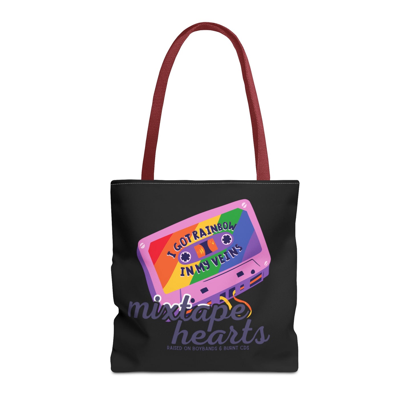 Raised on Boybands & Burnt CDs Tote Bag – Nostalgic Music Tote, Cute Tote, Gift for Fangirls, Fan Merchandise, Artsy Bag, AOP Design - Mixtape Hearts