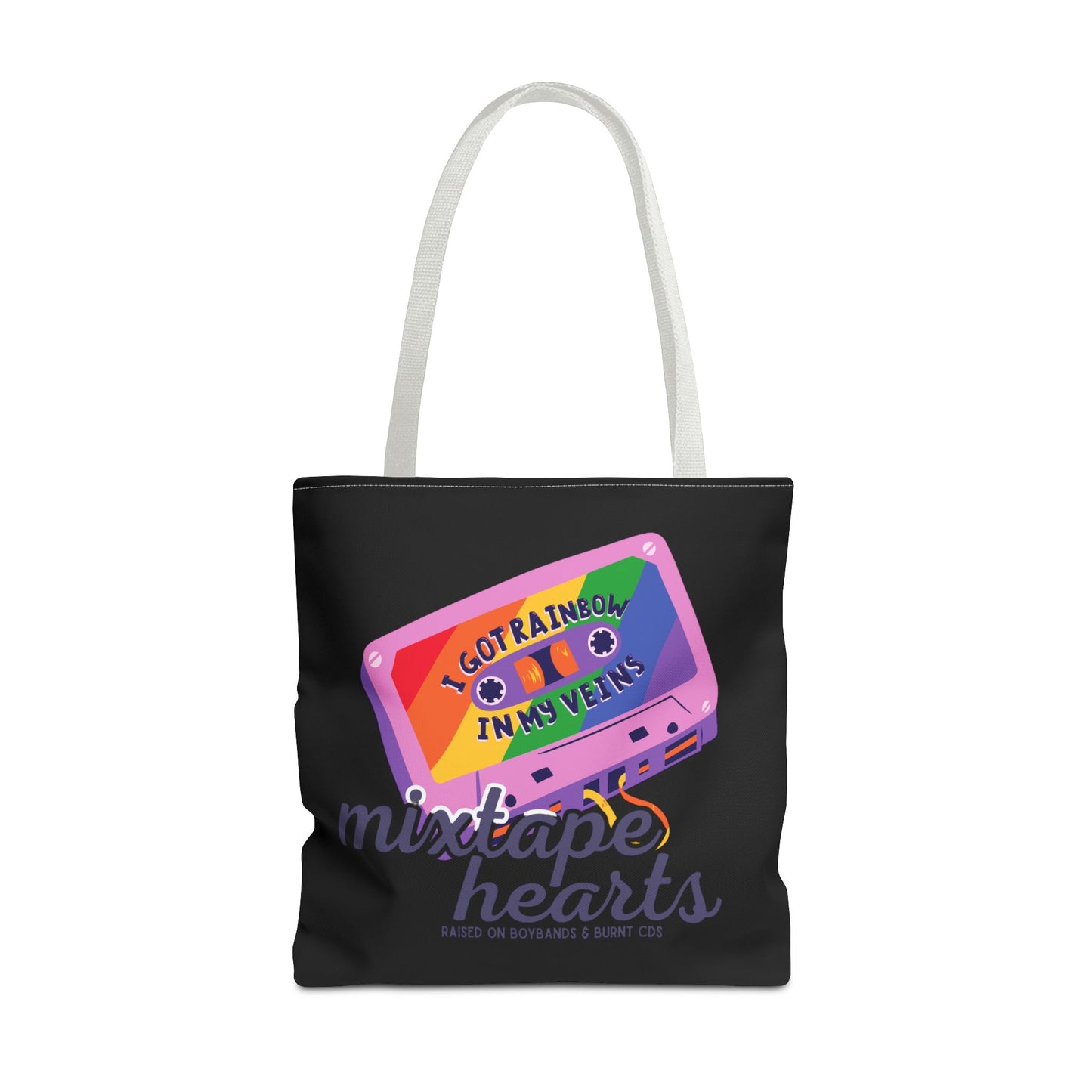 Raised on Boybands & Burnt CDs Tote Bag – Nostalgic Music Tote, Cute Tote, Gift for Fangirls, Fan Merchandise, Artsy Bag, AOP Design - Mixtape Hearts