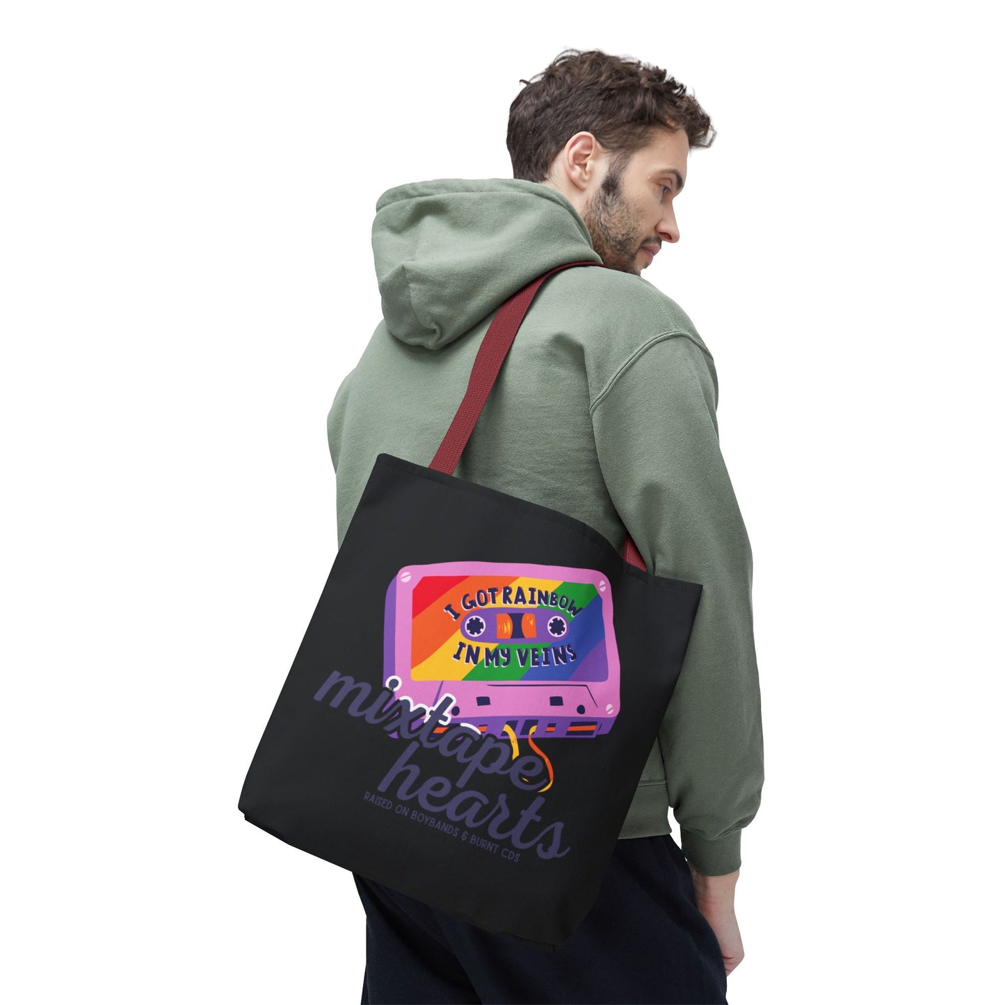 Raised on Boybands & Burnt CDs Tote Bag – Nostalgic Music Tote, Cute Tote, Gift for Fangirls, Fan Merchandise, Artsy Bag, AOP Design - Mixtape Hearts