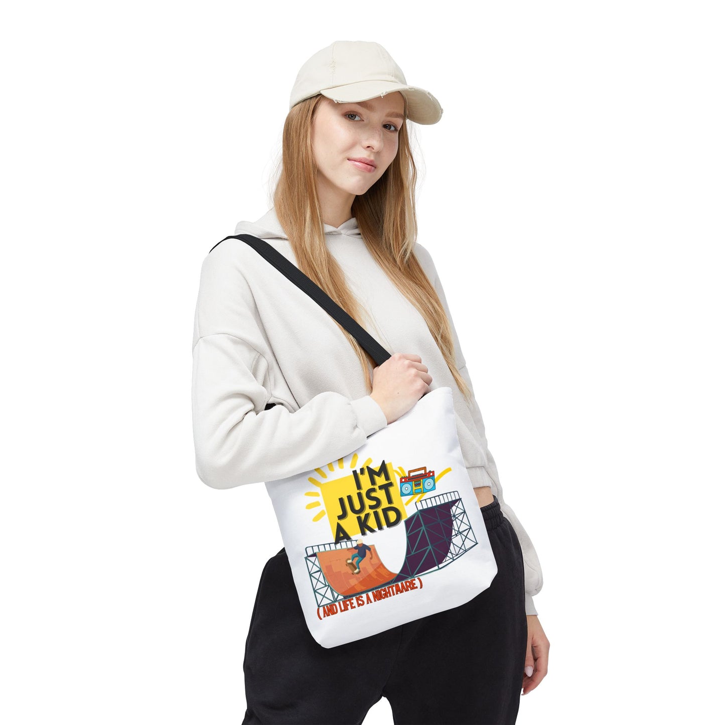 “I’m Just a Kid” Emotional Baggage Tote, Fun Kids Tote, Birthday Gift, School Bag, Everyday Essentials, AOP Design - Mixtape Hearts