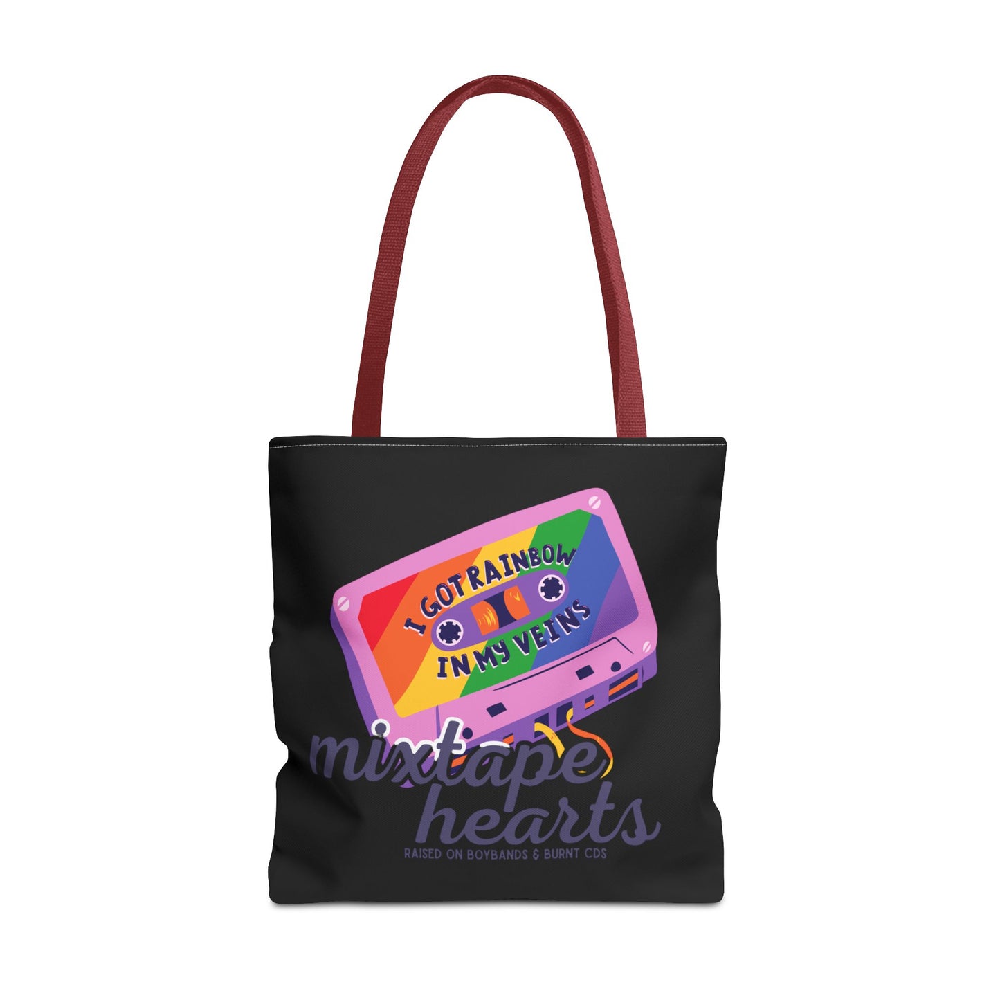 Raised on Boybands & Burnt CDs Tote Bag – Nostalgic Music Tote, Cute Tote, Gift for Fangirls, Fan Merchandise, Artsy Bag, AOP Design - Mixtape Hearts