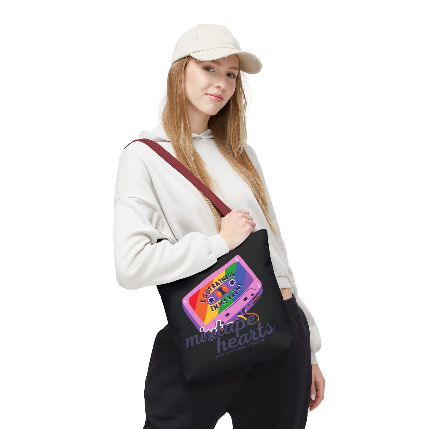 Raised on Boybands & Burnt CDs Tote Bag – Nostalgic Music Tote, Cute Tote, Gift for Fangirls, Fan Merchandise, Artsy Bag, AOP Design - Mixtape Hearts