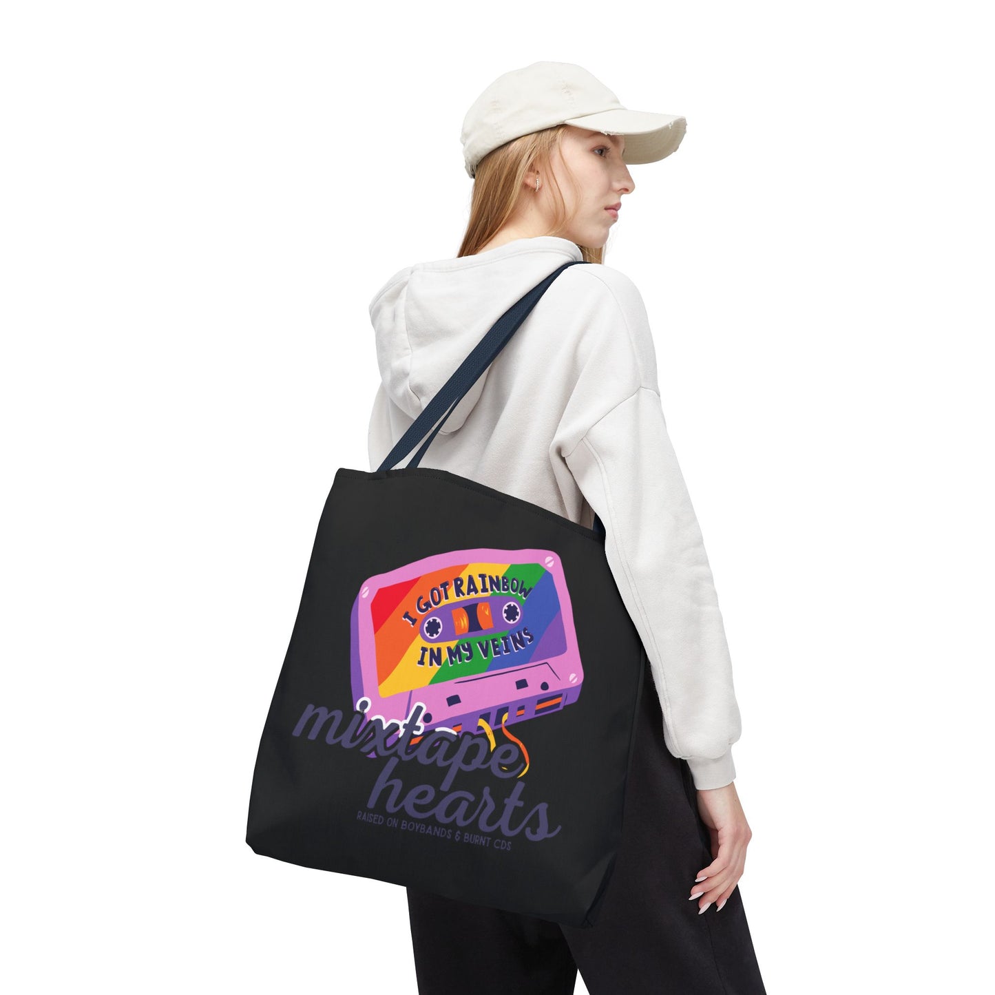 Raised on Boybands & Burnt CDs Tote Bag – Nostalgic Music Tote, Cute Tote, Gift for Fangirls, Fan Merchandise, Artsy Bag, AOP Design - Mixtape Hearts
