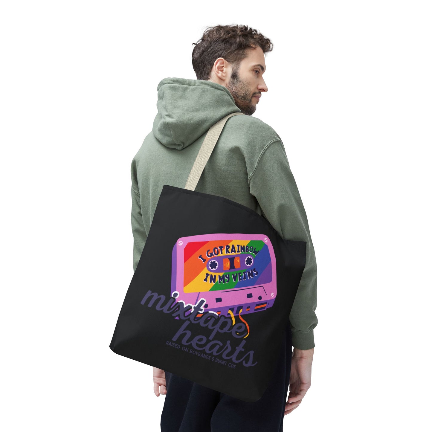Raised on Boybands & Burnt CDs Tote Bag – Nostalgic Music Tote, Cute Tote, Gift for Fangirls, Fan Merchandise, Artsy Bag, AOP Design - Mixtape Hearts