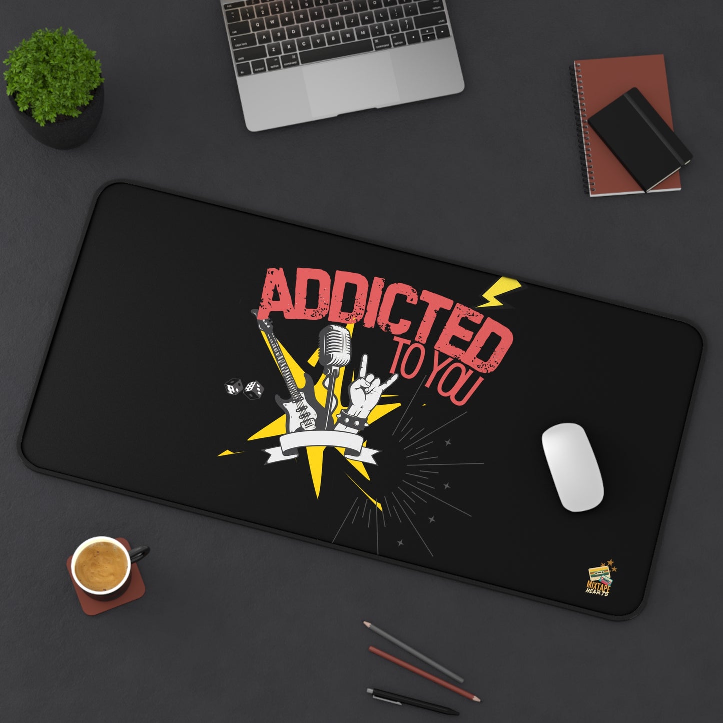 "Addicted to You" – Desktop Drama Mat| Music Lover Gift | Home Office Decor | Gamer's Desk Accessories | Music Theme - Mixtape Hearts