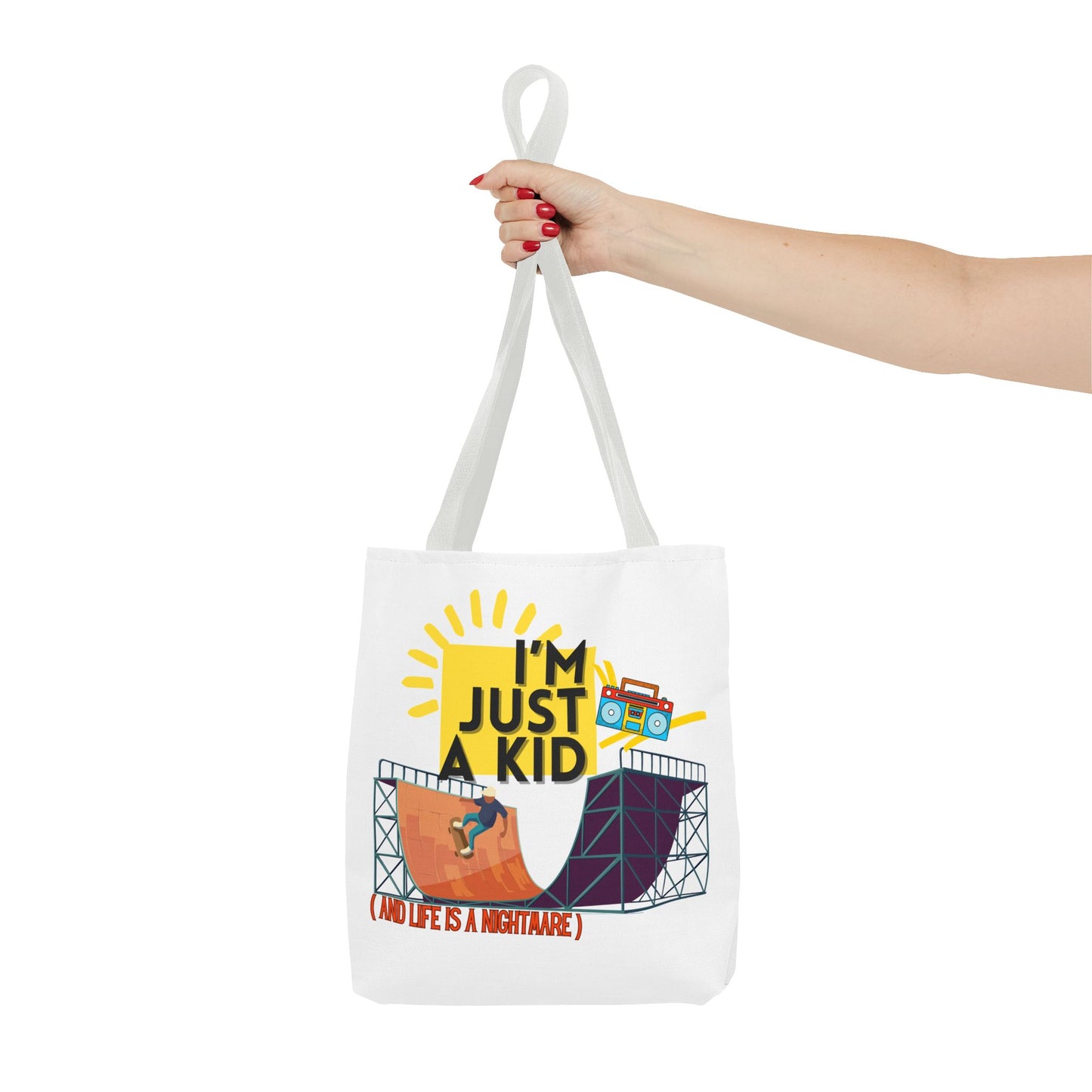 “I’m Just a Kid” Emotional Baggage Tote, Fun Kids Tote, Birthday Gift, School Bag, Everyday Essentials, AOP Design - Mixtape Hearts