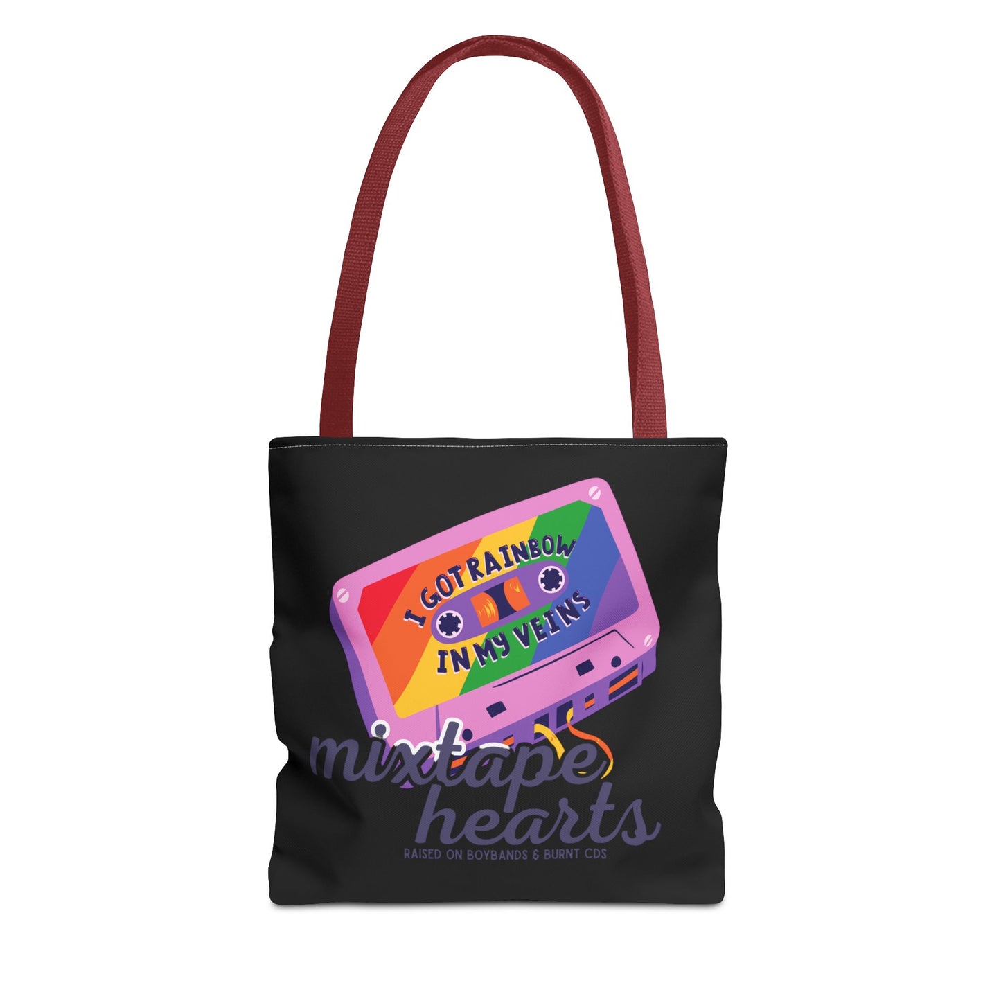 Raised on Boybands & Burnt CDs Tote Bag – Nostalgic Music Tote, Cute Tote, Gift for Fangirls, Fan Merchandise, Artsy Bag, AOP Design - Mixtape Hearts