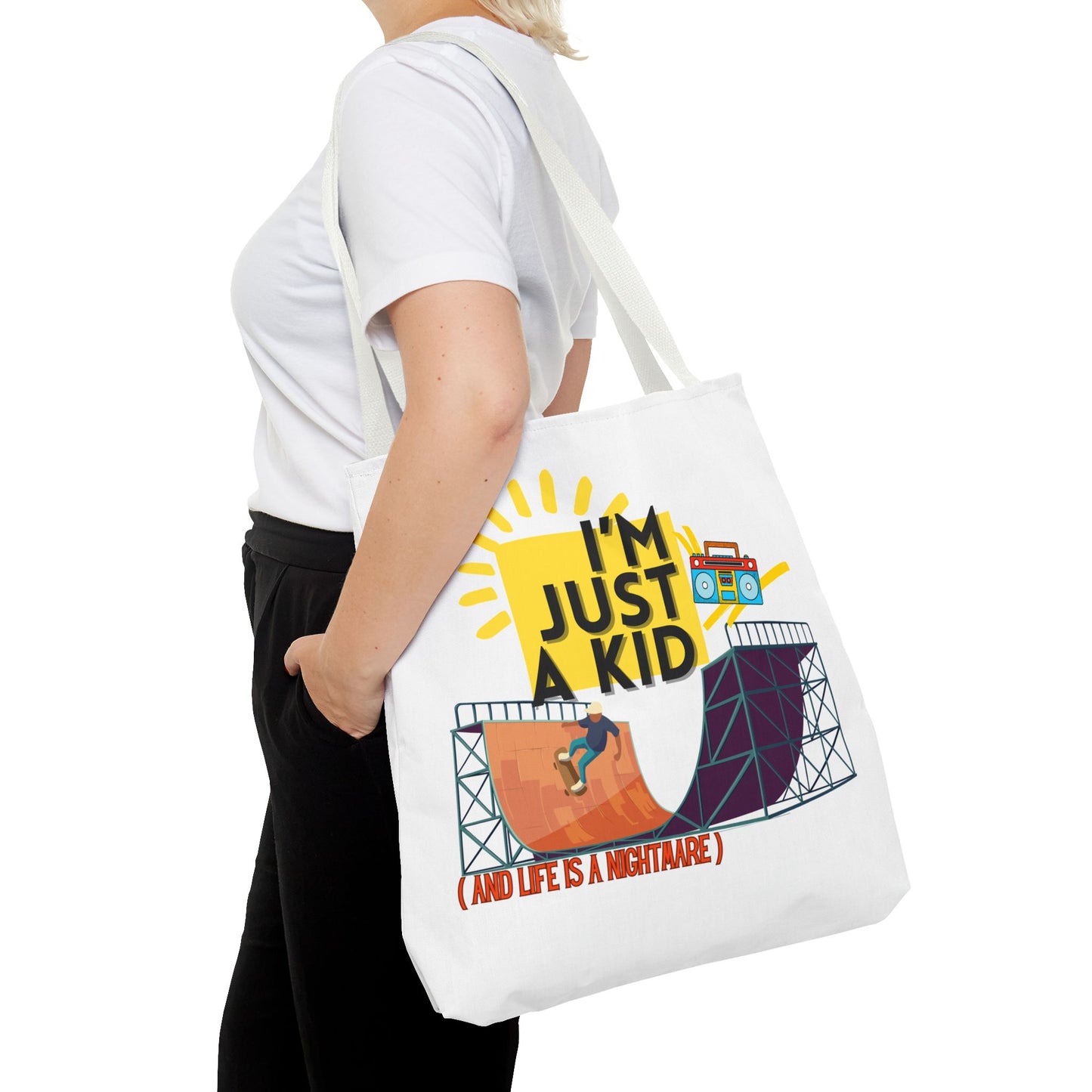 “I’m Just a Kid” Emotional Baggage Tote, Fun Kids Tote, Birthday Gift, School Bag, Everyday Essentials, AOP Design - Mixtape Hearts