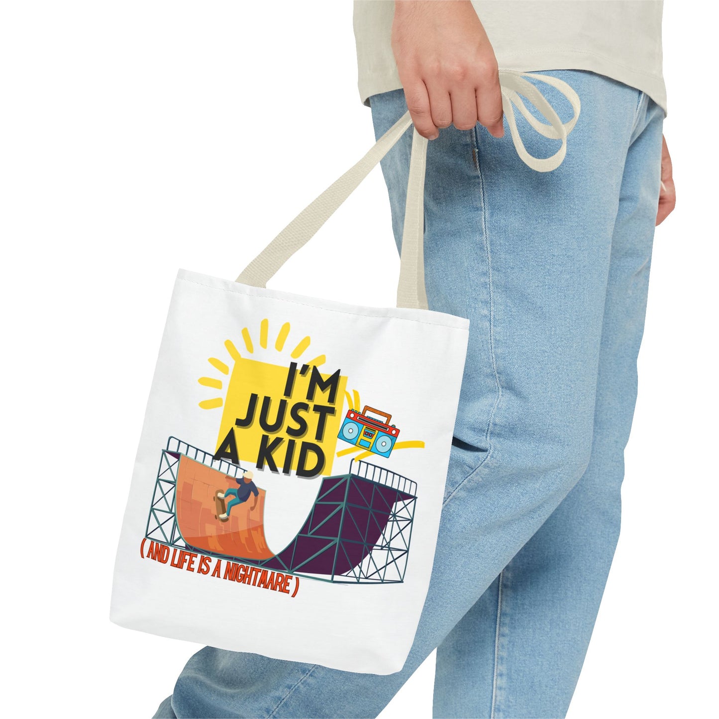 “I’m Just a Kid” Emotional Baggage Tote, Fun Kids Tote, Birthday Gift, School Bag, Everyday Essentials, AOP Design - Mixtape Hearts