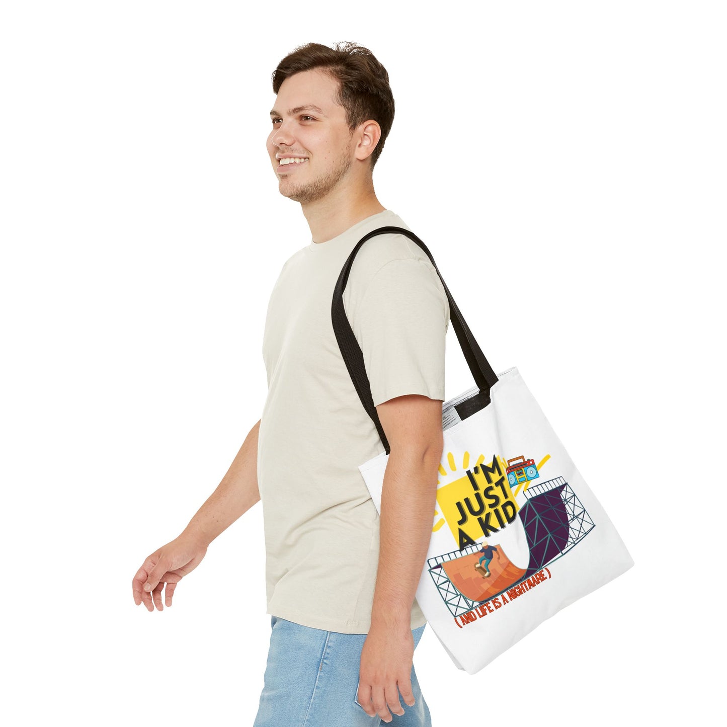 “I’m Just a Kid” Emotional Baggage Tote, Fun Kids Tote, Birthday Gift, School Bag, Everyday Essentials, AOP Design - Mixtape Hearts