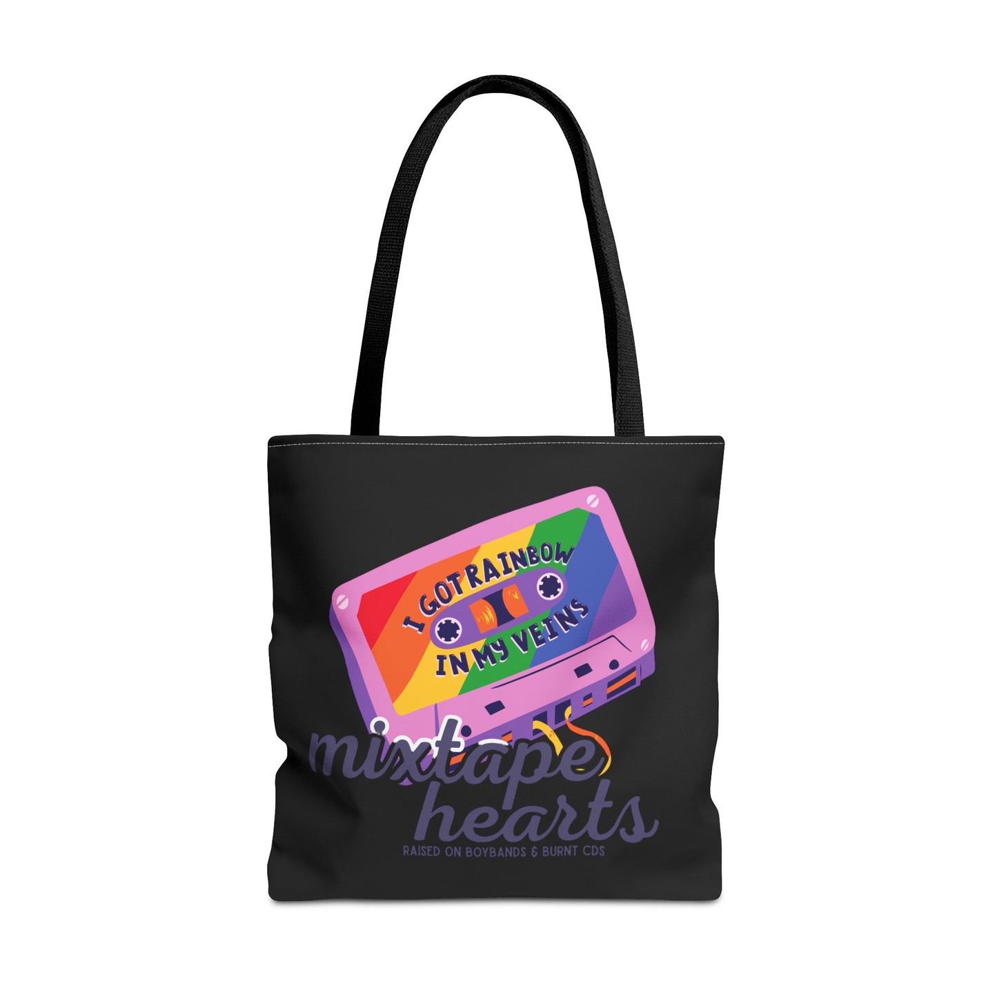 Raised on Boybands & Burnt CDs Tote Bag – Nostalgic Music Tote, Cute Tote, Gift for Fangirls, Fan Merchandise, Artsy Bag, AOP Design - Mixtape Hearts