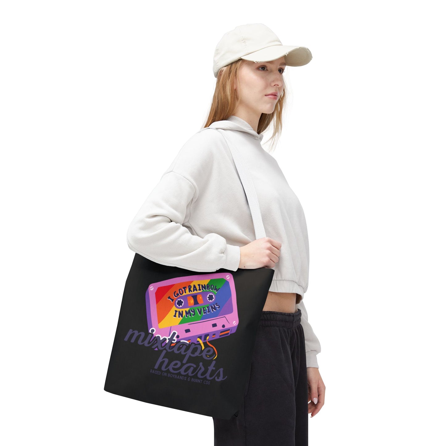 Raised on Boybands & Burnt CDs Tote Bag – Nostalgic Music Tote, Cute Tote, Gift for Fangirls, Fan Merchandise, Artsy Bag, AOP Design - Mixtape Hearts