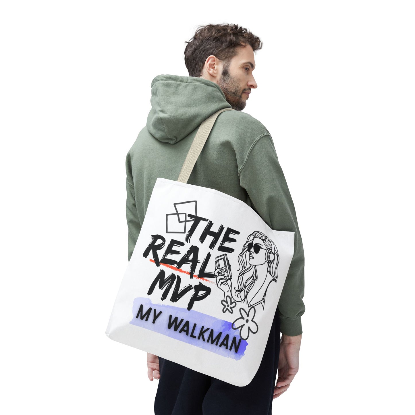 The Real MVP: My Walkman – Cassette Era Tote Bag - AOP, Fun and Stylish, Perfect for Music Lovers, Gift for Friends, Everyday Use, Beach Bag, Eco-Friendly - Mixtape Hearts