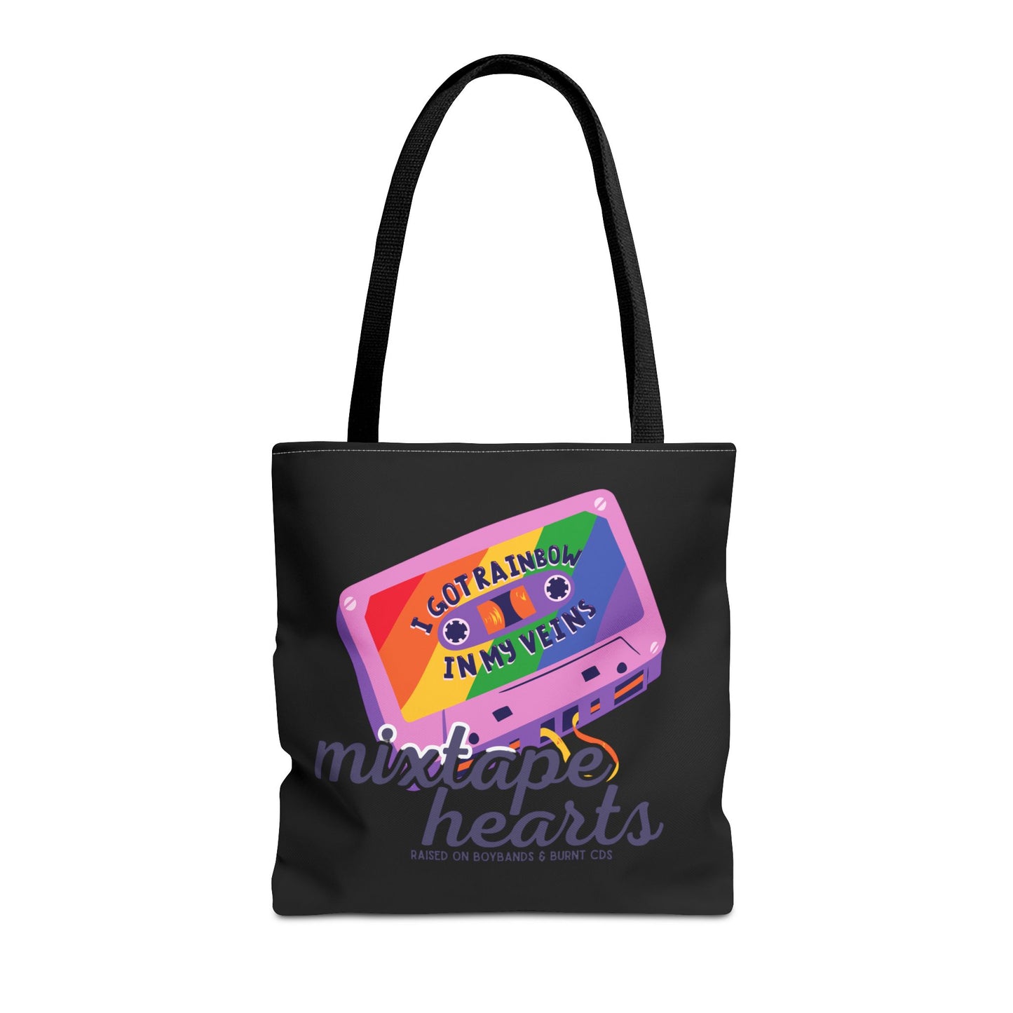 Raised on Boybands & Burnt CDs Tote Bag – Nostalgic Music Tote, Cute Tote, Gift for Fangirls, Fan Merchandise, Artsy Bag, AOP Design - Mixtape Hearts
