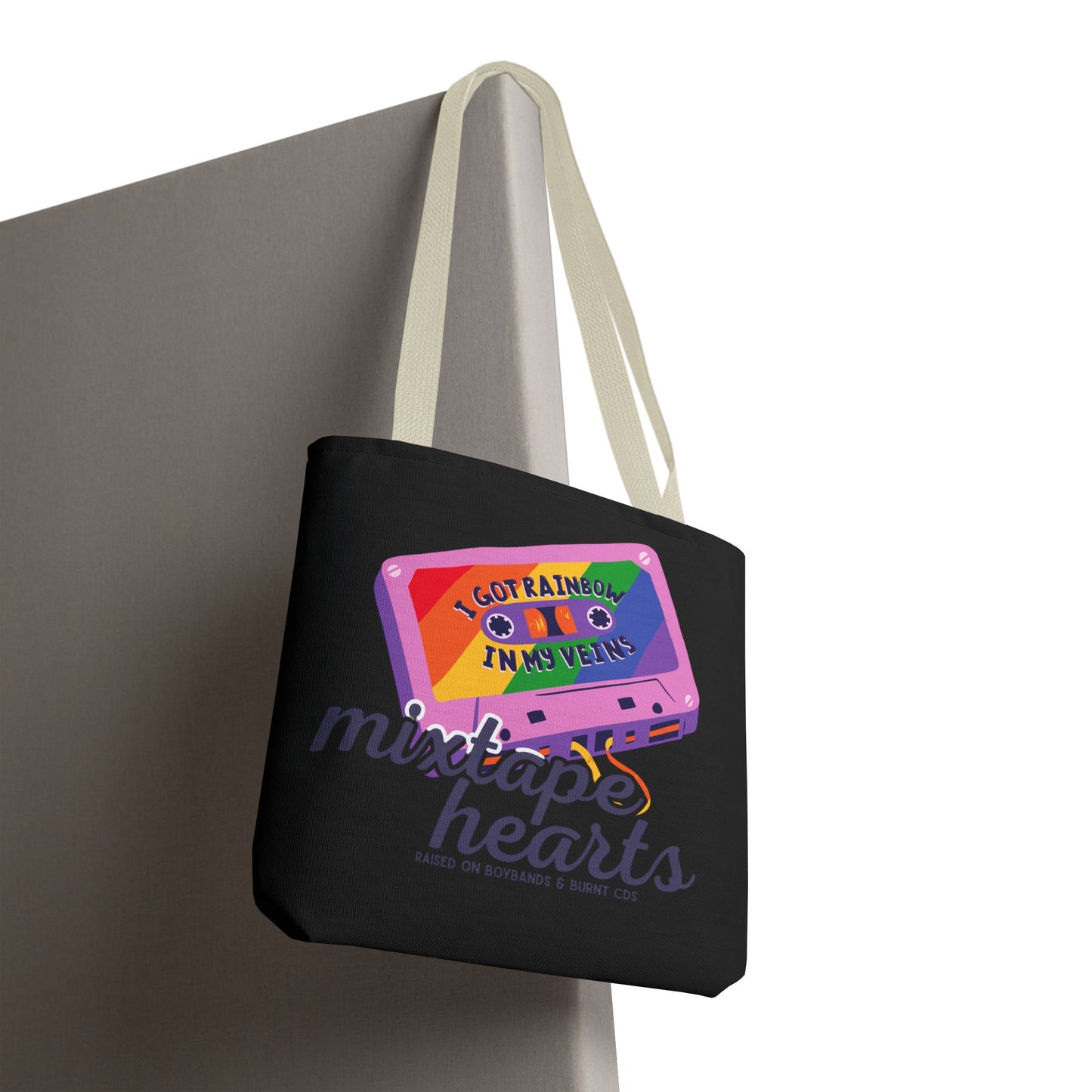Raised on Boybands & Burnt CDs Tote Bag – Nostalgic Music Tote, Cute Tote, Gift for Fangirls, Fan Merchandise, Artsy Bag, AOP Design - Mixtape Hearts