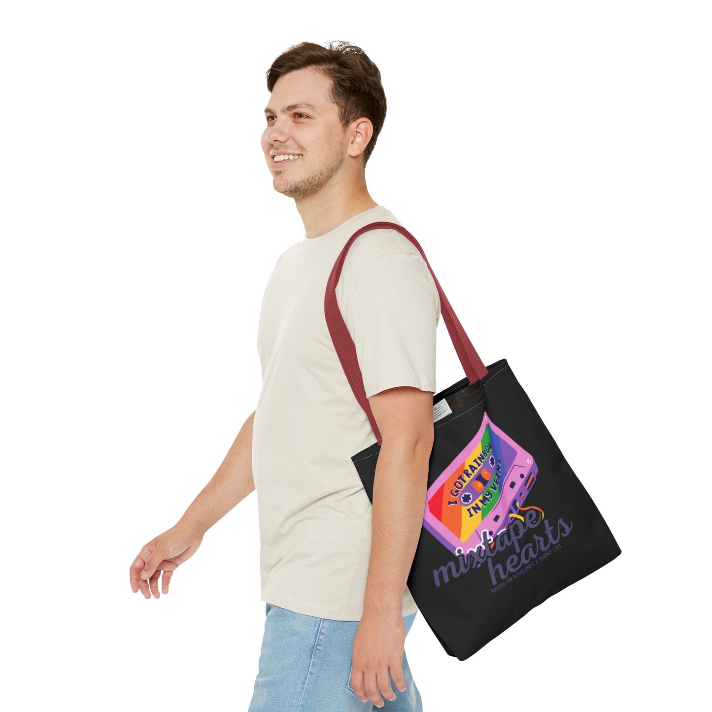 Raised on Boybands & Burnt CDs Tote Bag – Nostalgic Music Tote, Cute Tote, Gift for Fangirls, Fan Merchandise, Artsy Bag, AOP Design - Mixtape Hearts