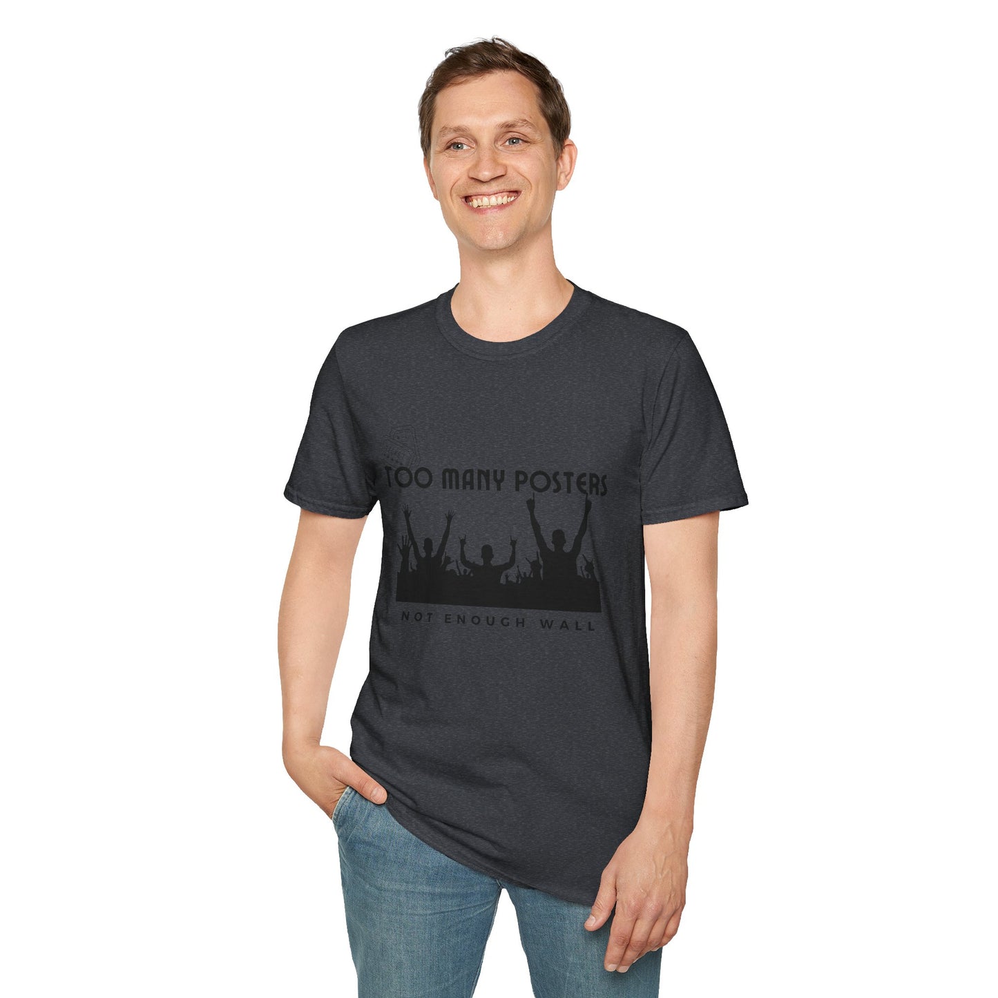 Too Many Posters, Not Enough Wall – 90s Nostalgia Unisex Tee| Gift for Walkman Fans, Vintage Style Tee, Casual Wear, Concert Outfit, Unisex Apparel - Mixtape Hearts