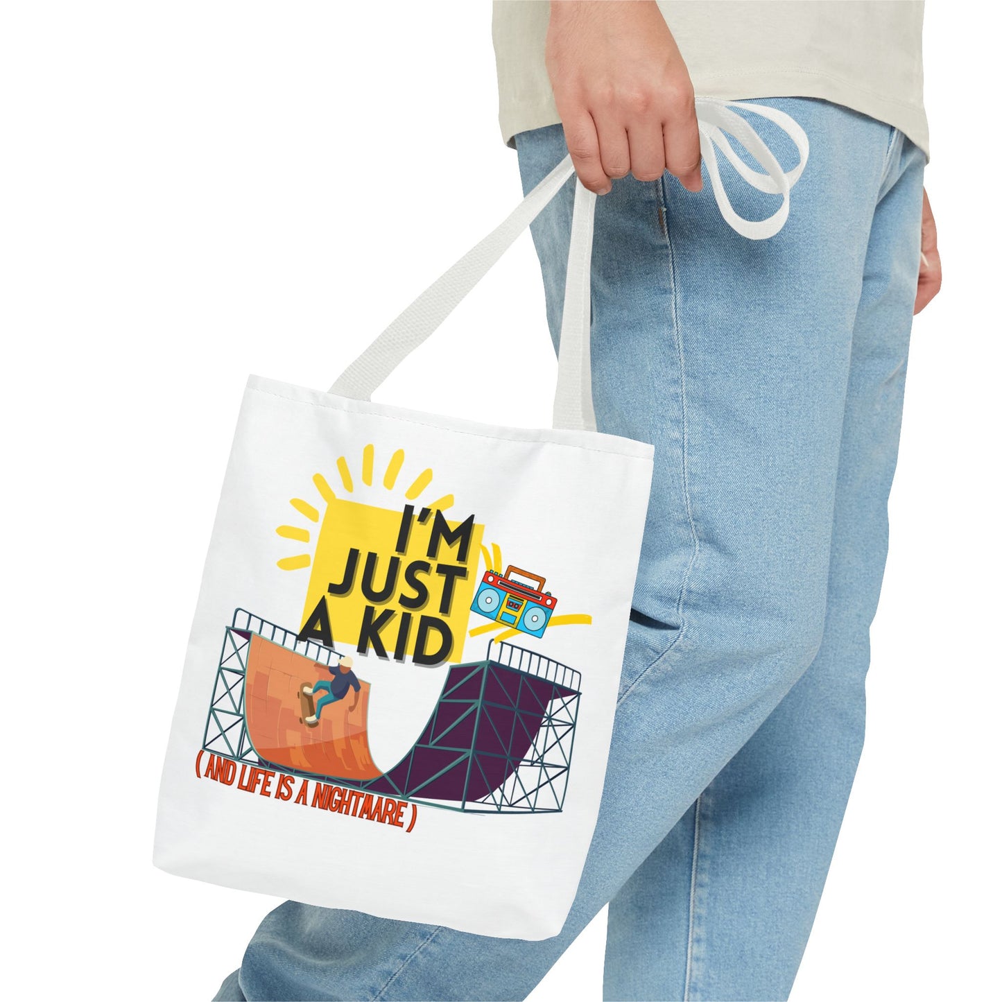 “I’m Just a Kid” Emotional Baggage Tote, Fun Kids Tote, Birthday Gift, School Bag, Everyday Essentials, AOP Design - Mixtape Hearts