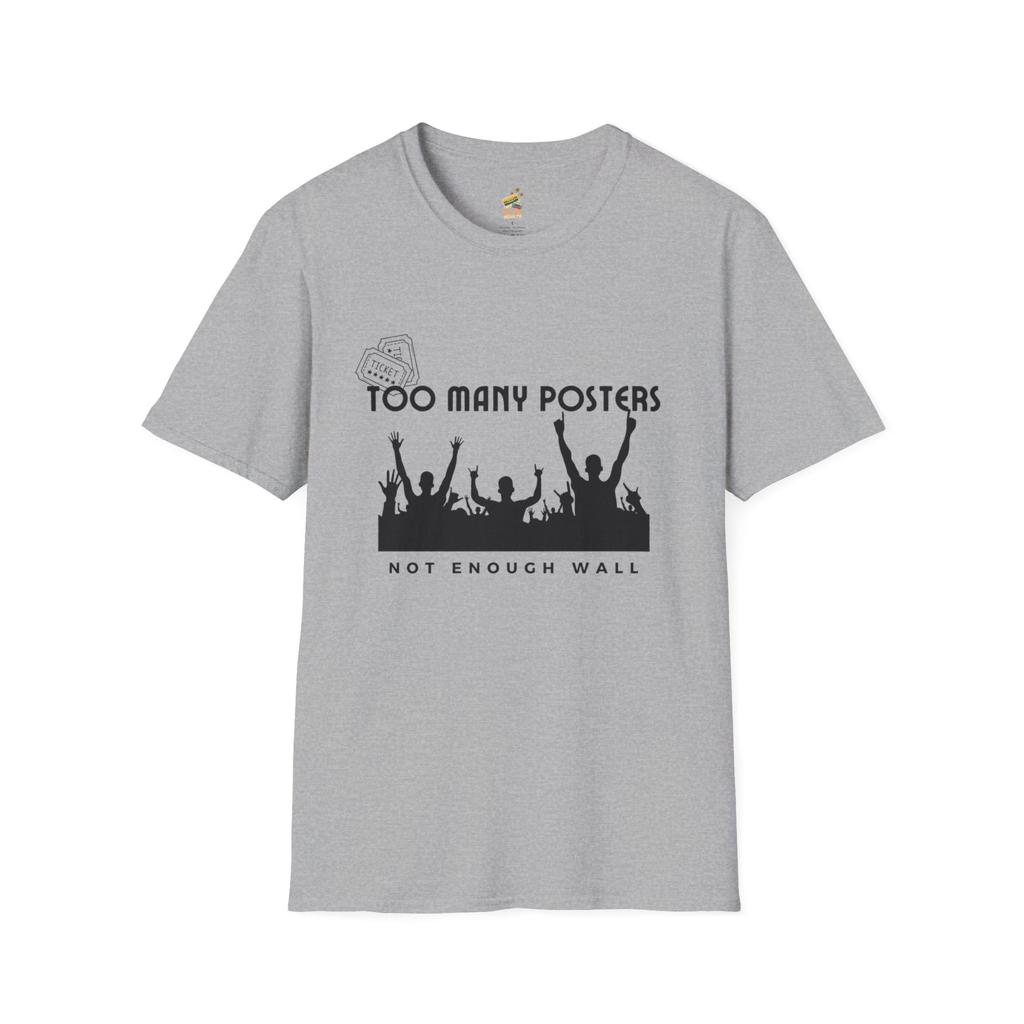 Too Many Posters, Not Enough Wall – 90s Nostalgia Unisex Tee| Gift for Walkman Fans, Vintage Style Tee, Casual Wear, Concert Outfit, Unisex Apparel - Mixtape Hearts