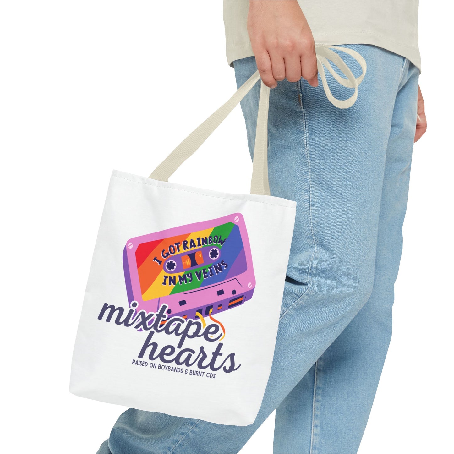 Raised on Boybands & Burnt CDs Tote Bag – Nostalgic Music Tote, Cute Tote, Gift for Fangirls, Fan Merchandise, Artsy Bag, AOP Design - Mixtape Hearts