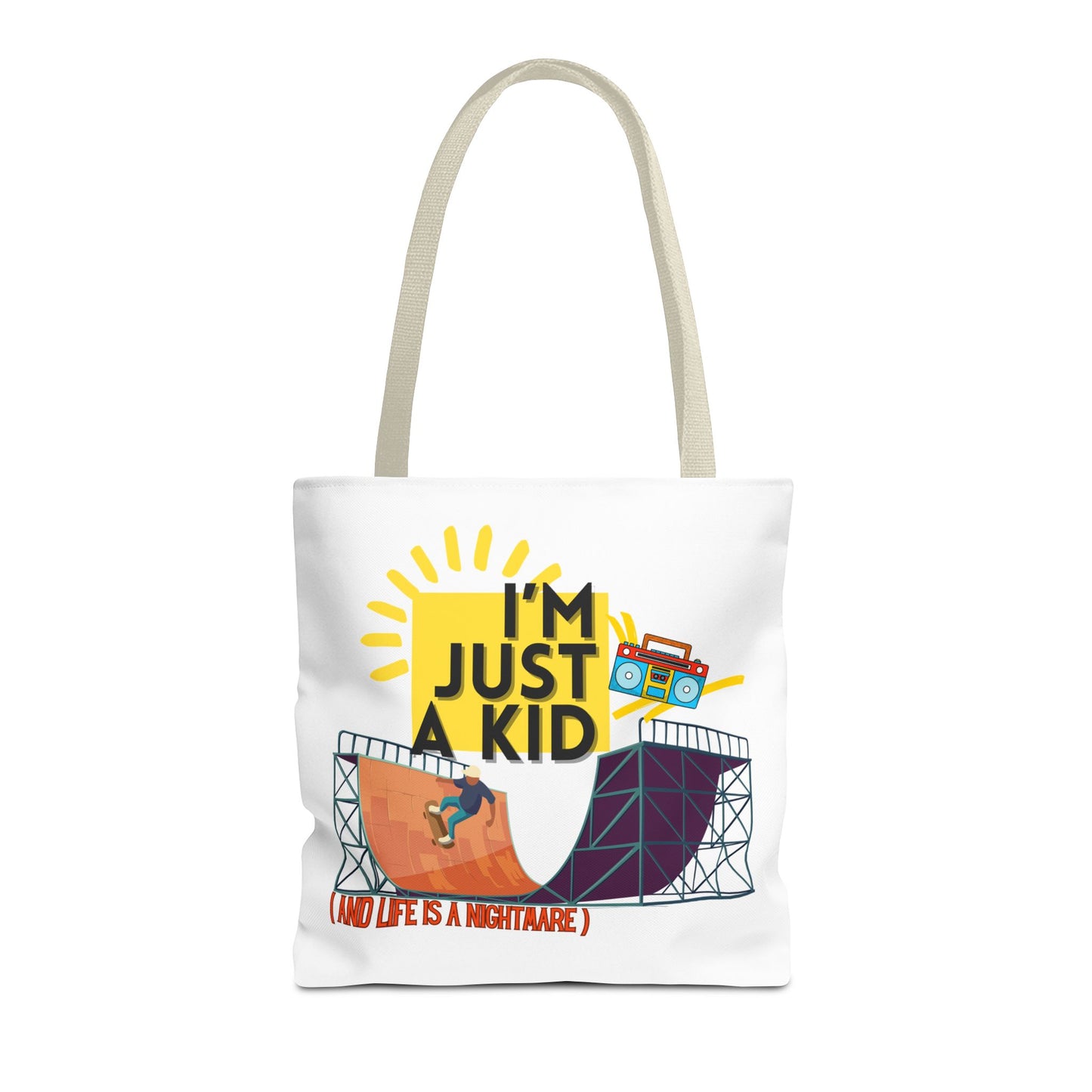 “I’m Just a Kid” Emotional Baggage Tote, Fun Kids Tote, Birthday Gift, School Bag, Everyday Essentials, AOP Design - Mixtape Hearts