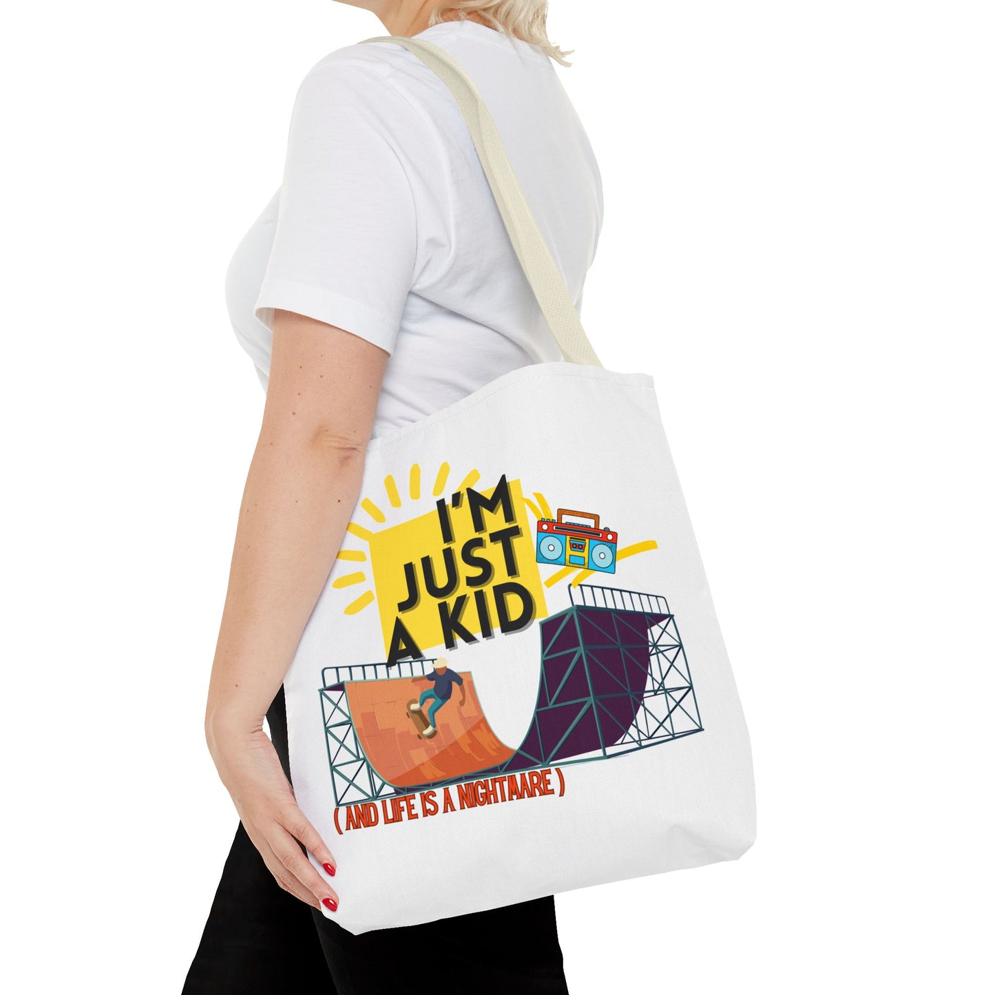 “I’m Just a Kid” Emotional Baggage Tote, Fun Kids Tote, Birthday Gift, School Bag, Everyday Essentials, AOP Design - Mixtape Hearts