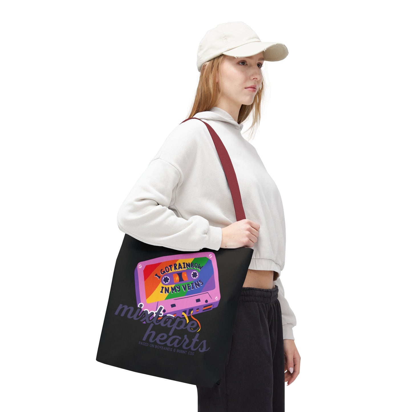 Raised on Boybands & Burnt CDs Tote Bag – Nostalgic Music Tote, Cute Tote, Gift for Fangirls, Fan Merchandise, Artsy Bag, AOP Design - Mixtape Hearts