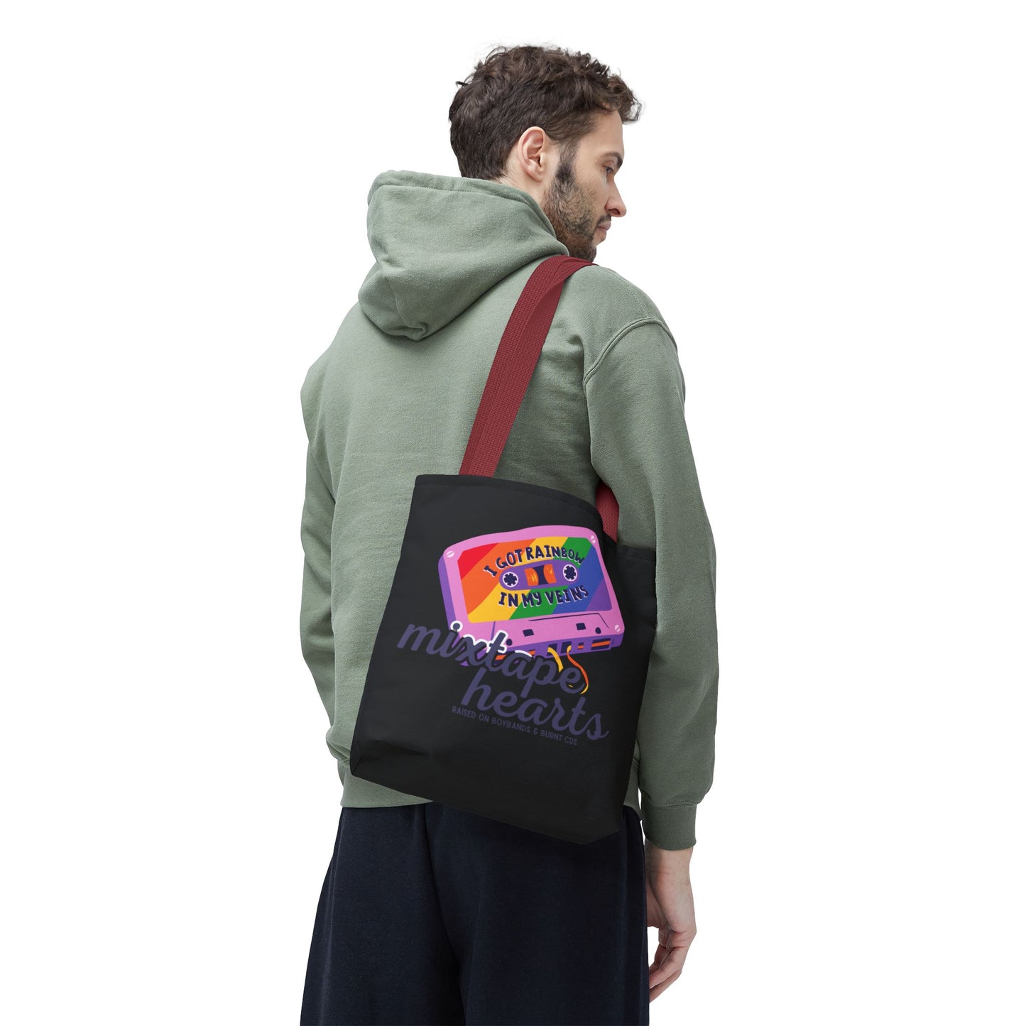 Raised on Boybands & Burnt CDs Tote Bag – Nostalgic Music Tote, Cute Tote, Gift for Fangirls, Fan Merchandise, Artsy Bag, AOP Design - Mixtape Hearts