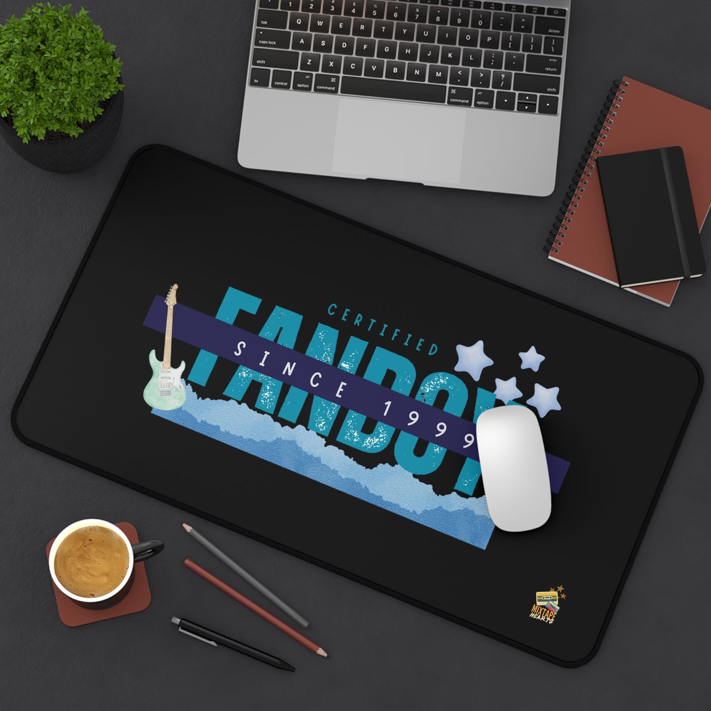 Certified Fanboy Since 1999 – Retro Vibes Desk Mat – Pop Music Desk Mat - Perfect for Home Office, Gamer Setup, School, Gift for Fans, Music Lovers, Birthday - Mixtape Hearts