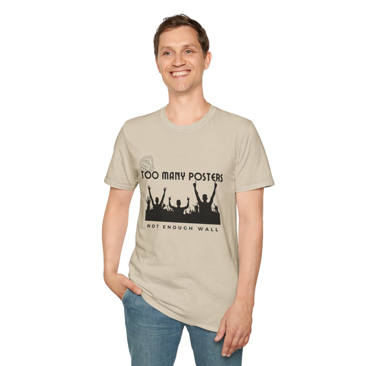 Too Many Posters, Not Enough Wall – 90s Nostalgia Unisex Tee| Gift for Walkman Fans, Vintage Style Tee, Casual Wear, Concert Outfit, Unisex Apparel - Mixtape Hearts