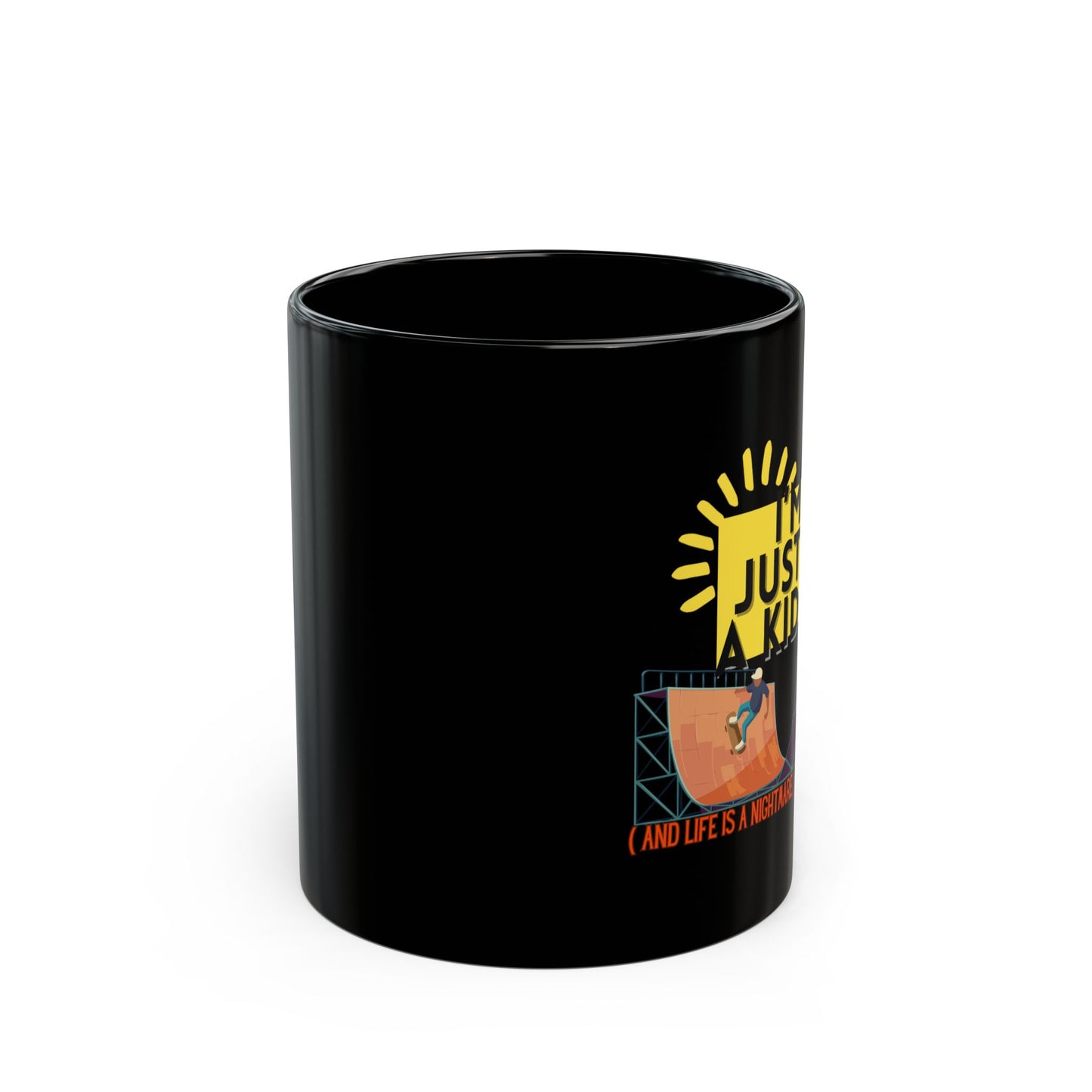 “I’m Just a Kid” Cry-While-Sipping Black Mug – Skateboarding Vibes, Perfect for Gifts, Birthdays, Coffee Lovers, Cheerful Home Decor - Mixtape Hearts