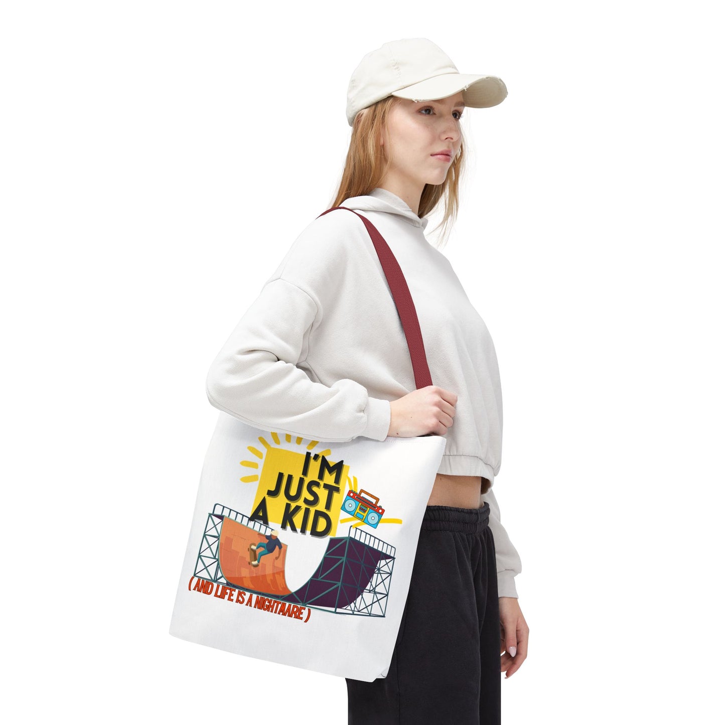 “I’m Just a Kid” Emotional Baggage Tote, Fun Kids Tote, Birthday Gift, School Bag, Everyday Essentials, AOP Design - Mixtape Hearts