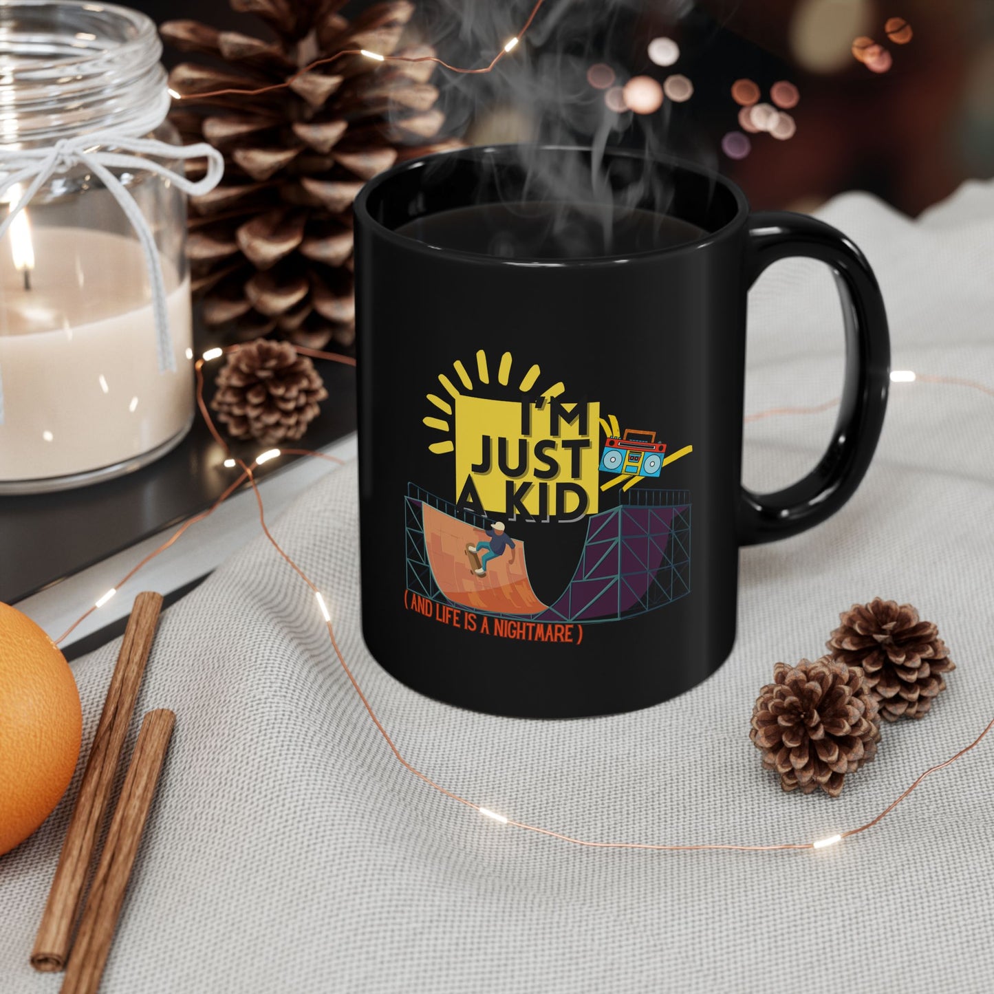 “I’m Just a Kid” Cry-While-Sipping Black Mug – Skateboarding Vibes, Perfect for Gifts, Birthdays, Coffee Lovers, Cheerful Home Decor - Mixtape Hearts
