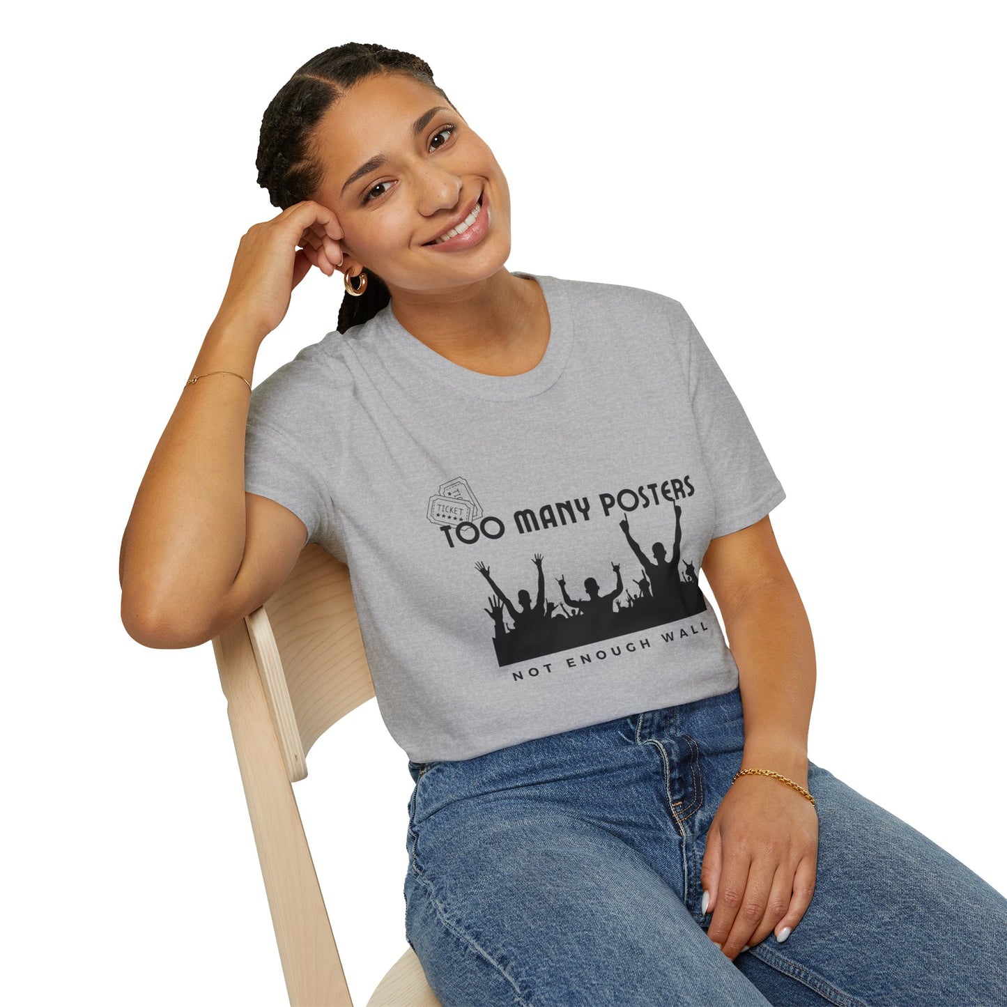 Too Many Posters, Not Enough Wall – 90s Nostalgia Unisex Tee| Gift for Walkman Fans, Vintage Style Tee, Casual Wear, Concert Outfit, Unisex Apparel - Mixtape Hearts