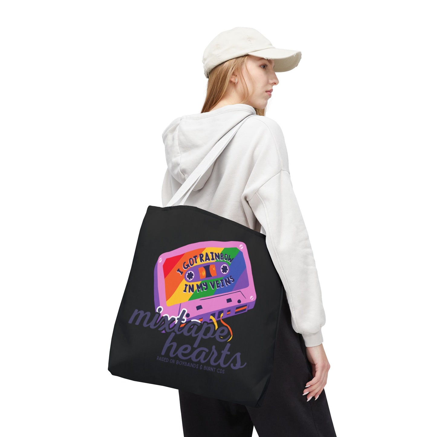 Raised on Boybands & Burnt CDs Tote Bag – Nostalgic Music Tote, Cute Tote, Gift for Fangirls, Fan Merchandise, Artsy Bag, AOP Design - Mixtape Hearts