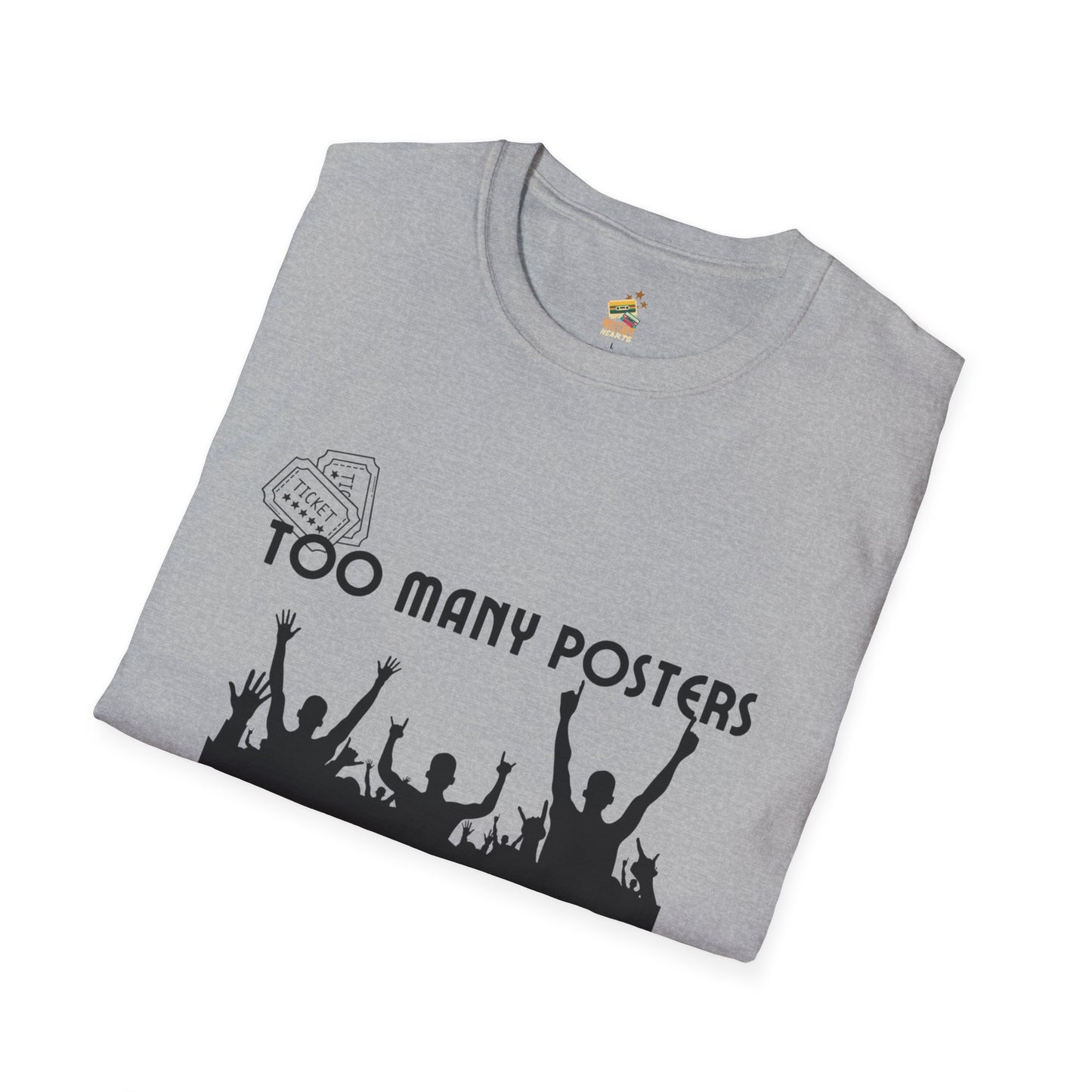 Too Many Posters, Not Enough Wall – 90s Nostalgia Unisex Tee| Gift for Walkman Fans, Vintage Style Tee, Casual Wear, Concert Outfit, Unisex Apparel - Mixtape Hearts