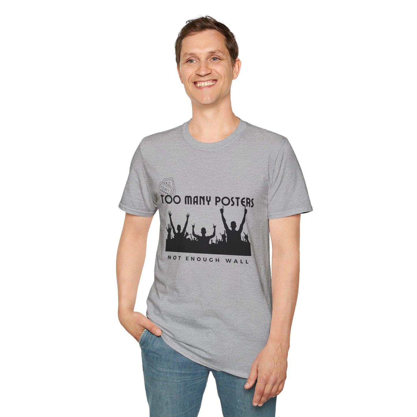 Too Many Posters, Not Enough Wall – 90s Nostalgia Unisex Tee| Gift for Walkman Fans, Vintage Style Tee, Casual Wear, Concert Outfit, Unisex Apparel - Mixtape Hearts
