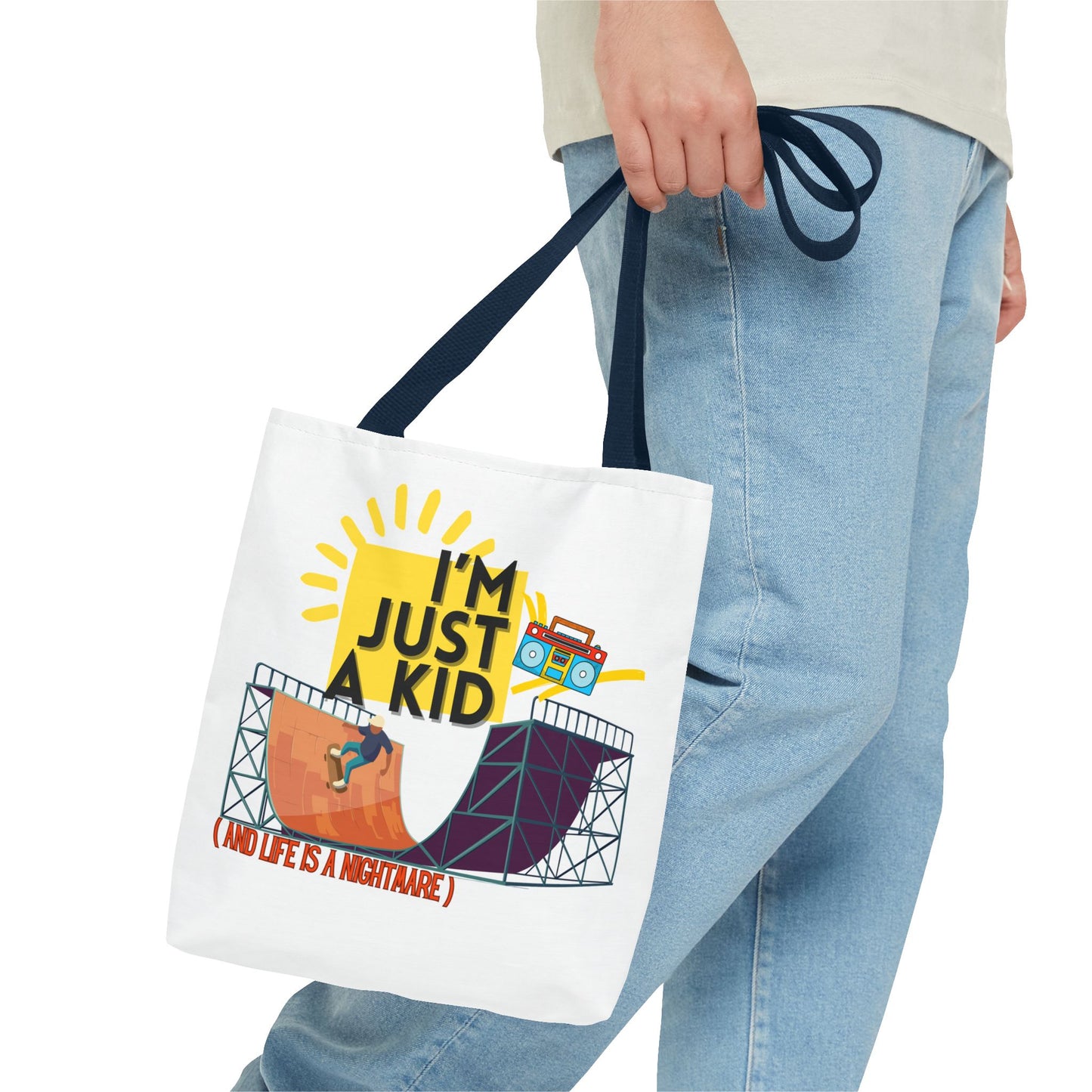 “I’m Just a Kid” Emotional Baggage Tote, Fun Kids Tote, Birthday Gift, School Bag, Everyday Essentials, AOP Design - Mixtape Hearts
