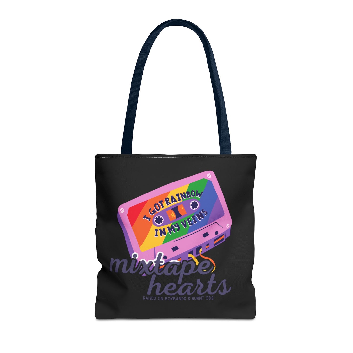 Raised on Boybands & Burnt CDs Tote Bag – Nostalgic Music Tote, Cute Tote, Gift for Fangirls, Fan Merchandise, Artsy Bag, AOP Design - Mixtape Hearts
