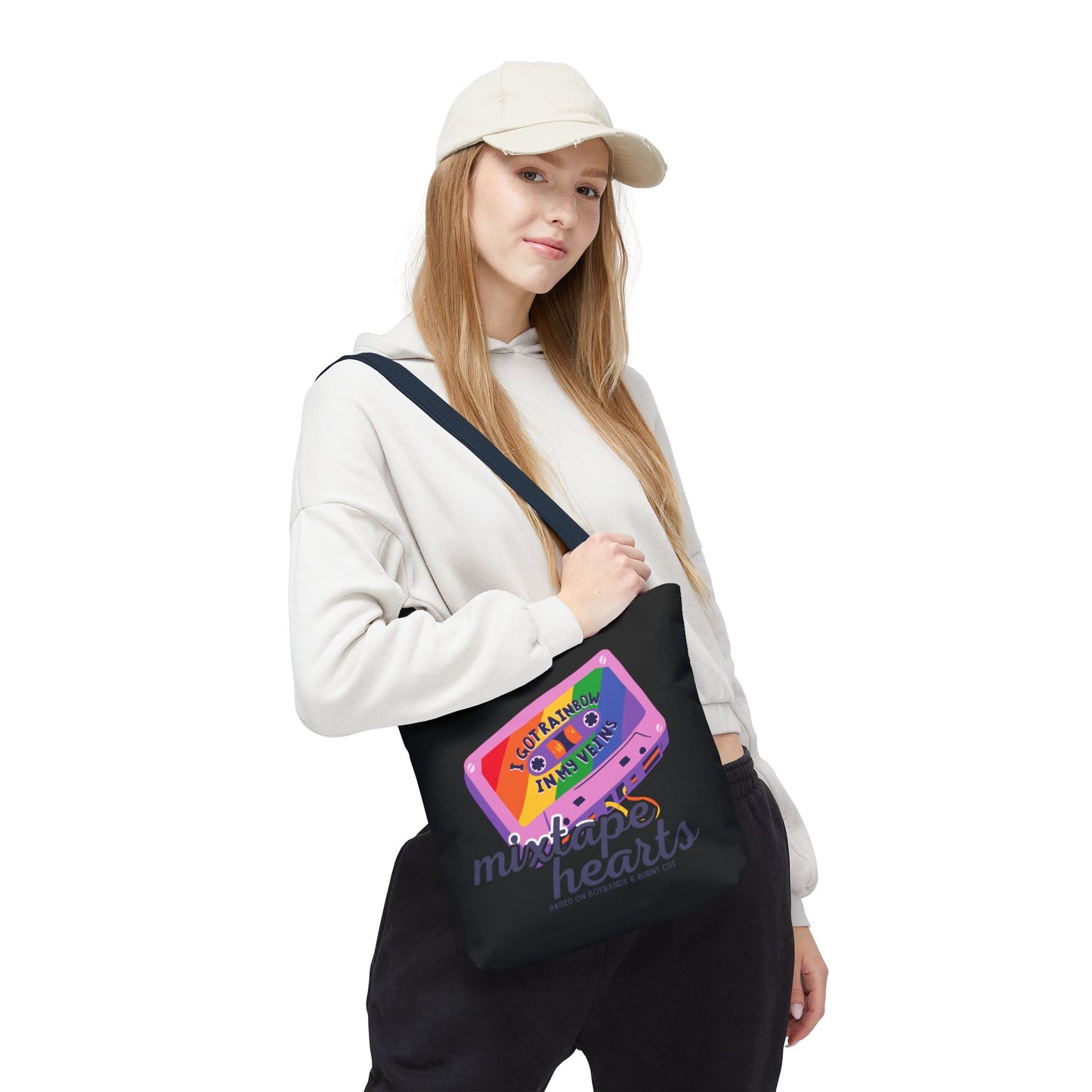 Raised on Boybands & Burnt CDs Tote Bag – Nostalgic Music Tote, Cute Tote, Gift for Fangirls, Fan Merchandise, Artsy Bag, AOP Design - Mixtape Hearts