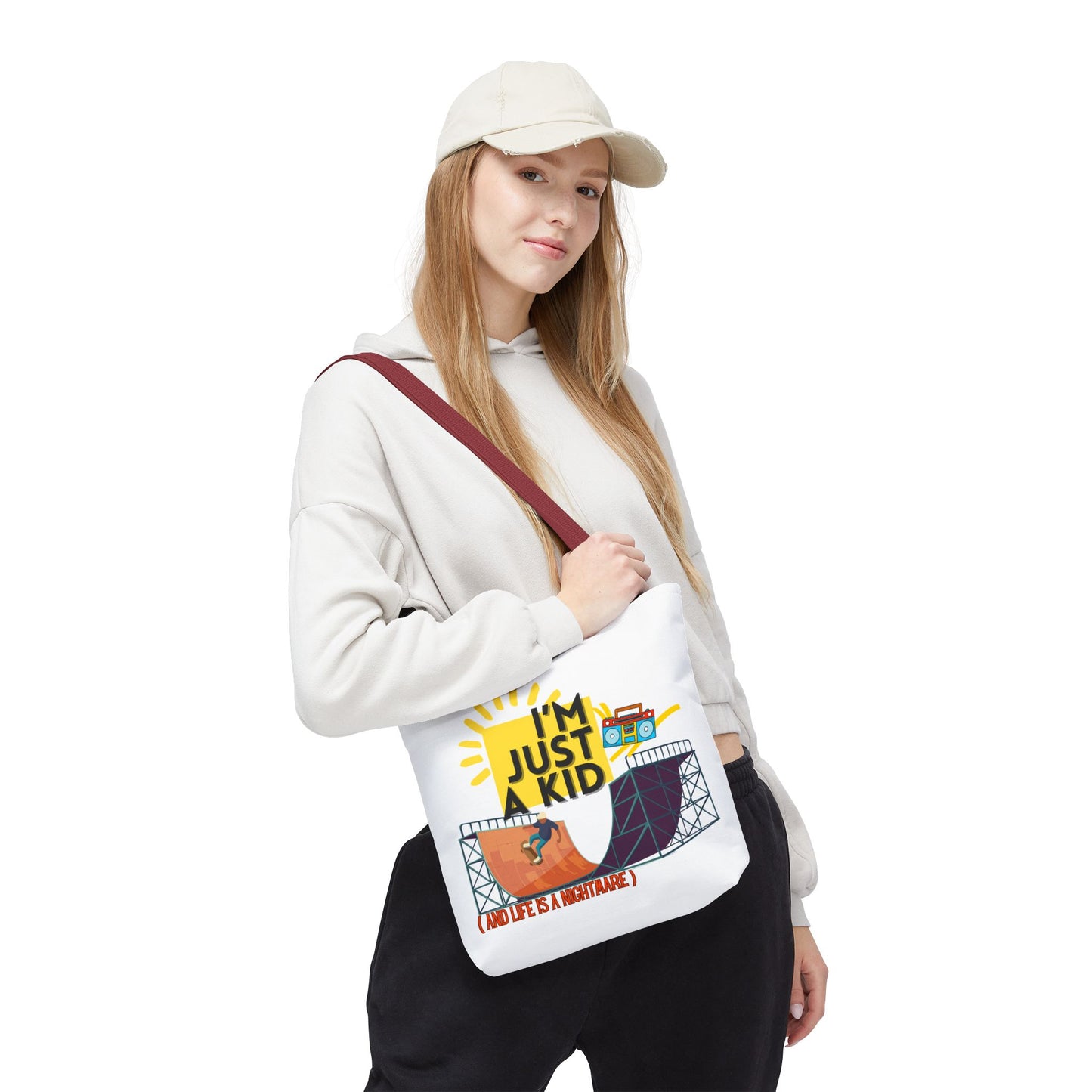 “I’m Just a Kid” Emotional Baggage Tote, Fun Kids Tote, Birthday Gift, School Bag, Everyday Essentials, AOP Design - Mixtape Hearts