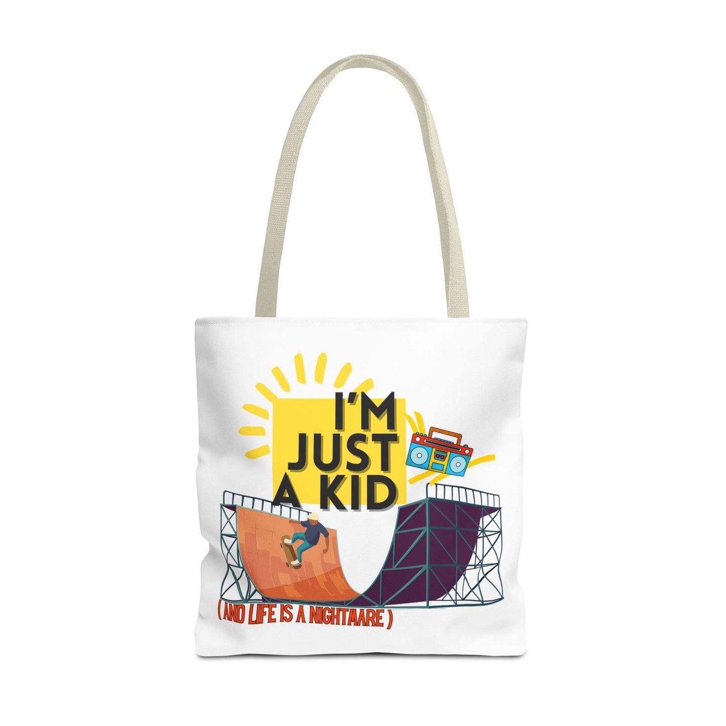 “I’m Just a Kid” Emotional Baggage Tote, Fun Kids Tote, Birthday Gift, School Bag, Everyday Essentials, AOP Design - Mixtape Hearts