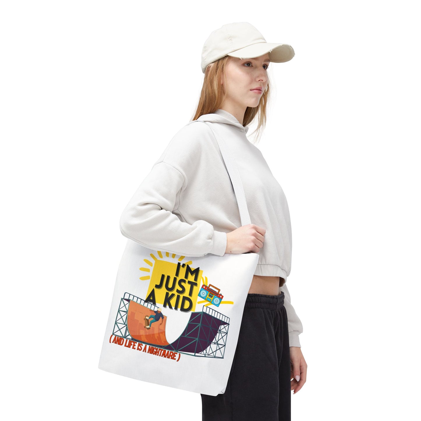 “I’m Just a Kid” Emotional Baggage Tote, Fun Kids Tote, Birthday Gift, School Bag, Everyday Essentials, AOP Design - Mixtape Hearts