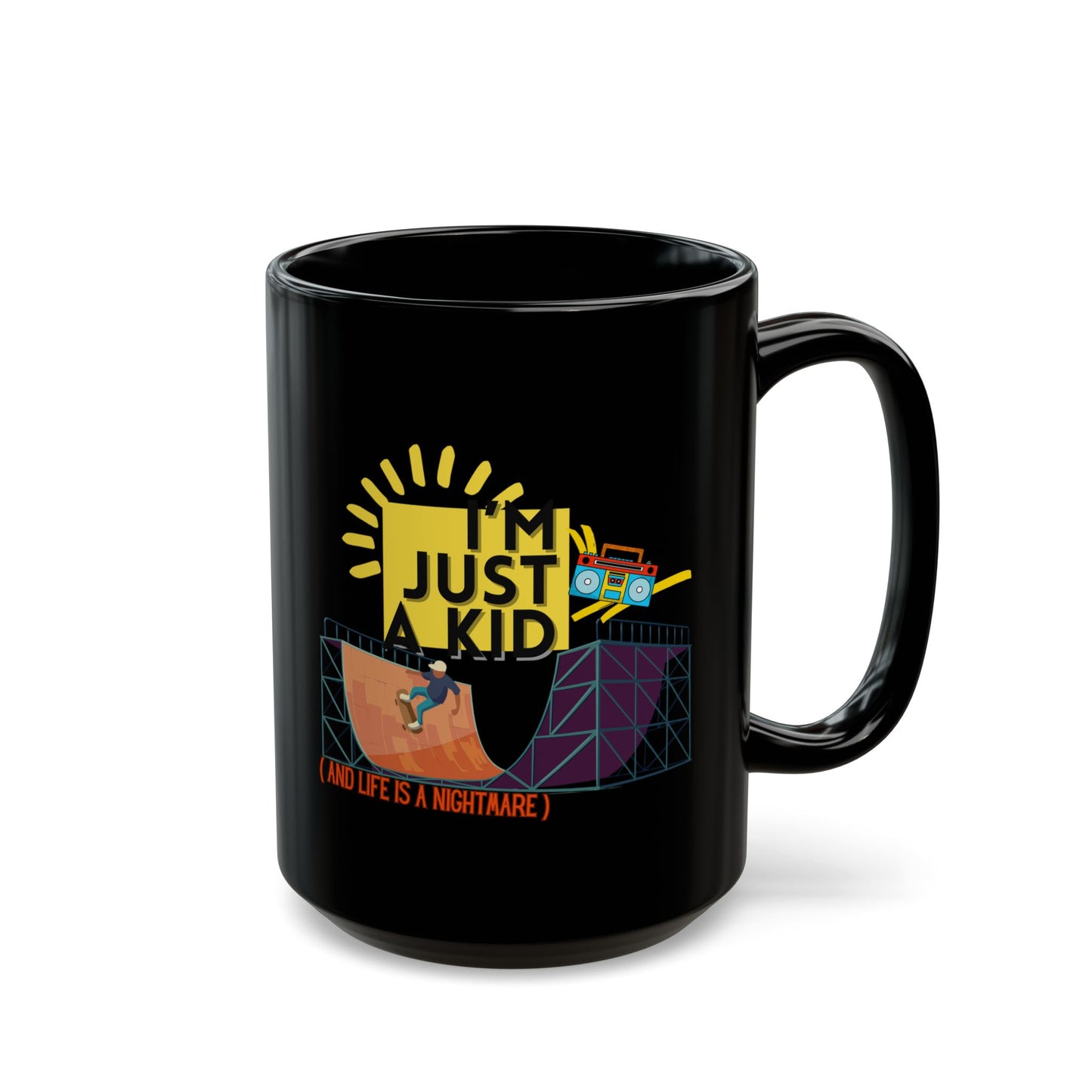 “I’m Just a Kid” Cry-While-Sipping Black Mug – Skateboarding Vibes, Perfect for Gifts, Birthdays, Coffee Lovers, Cheerful Home Decor - Mixtape Hearts
