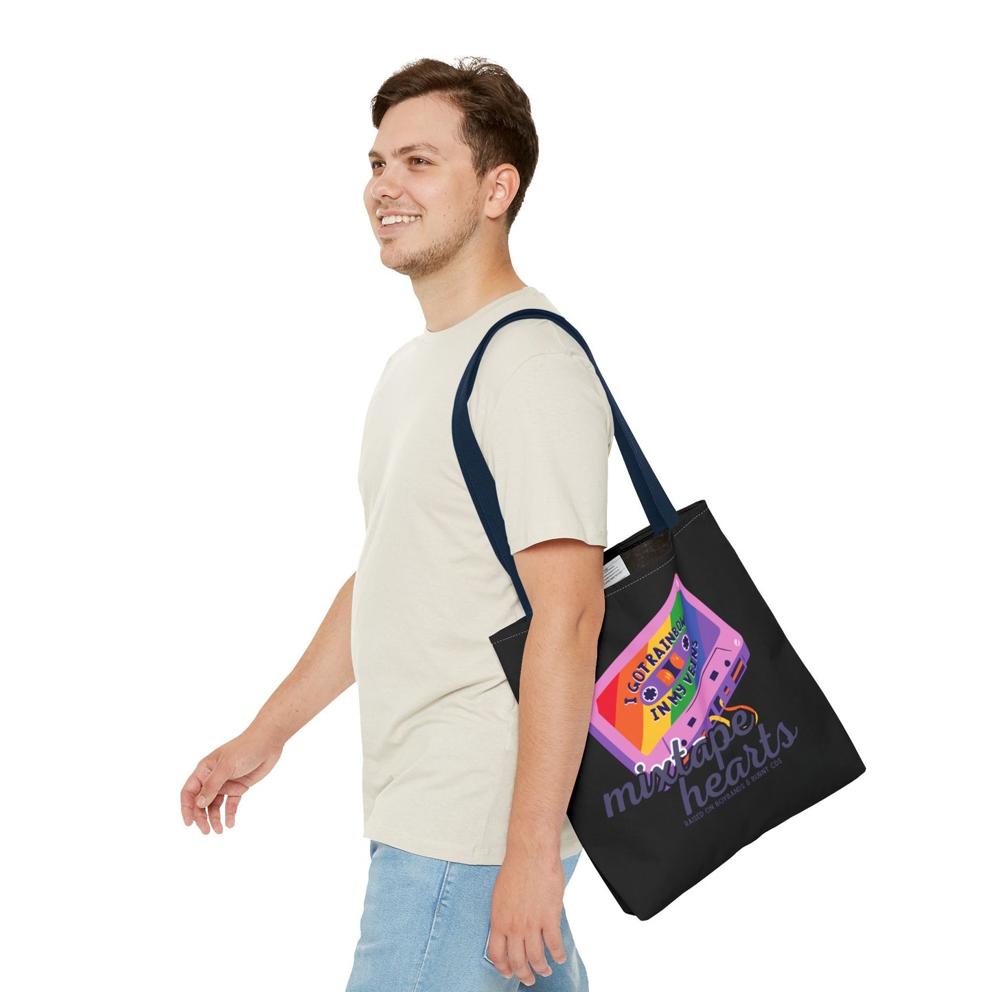 Raised on Boybands & Burnt CDs Tote Bag – Nostalgic Music Tote, Cute Tote, Gift for Fangirls, Fan Merchandise, Artsy Bag, AOP Design - Mixtape Hearts