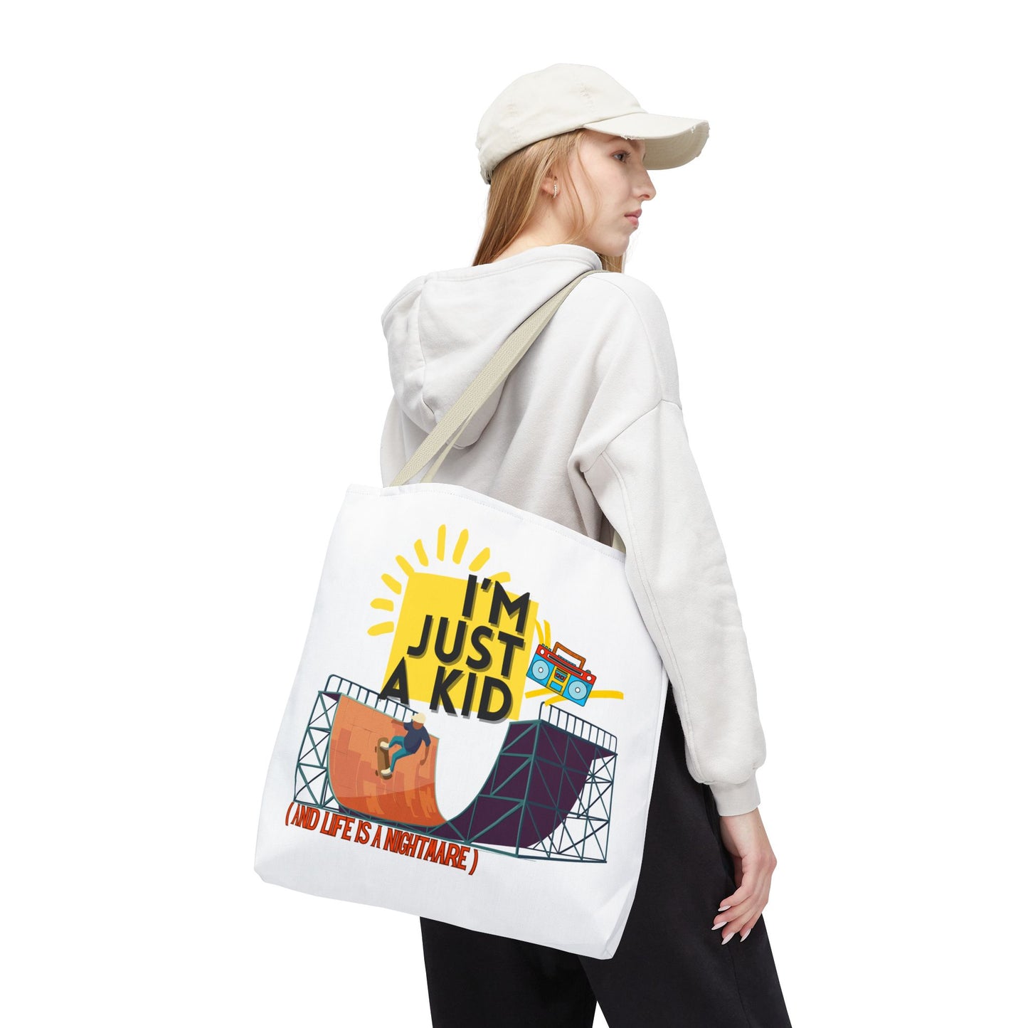 “I’m Just a Kid” Emotional Baggage Tote, Fun Kids Tote, Birthday Gift, School Bag, Everyday Essentials, AOP Design - Mixtape Hearts