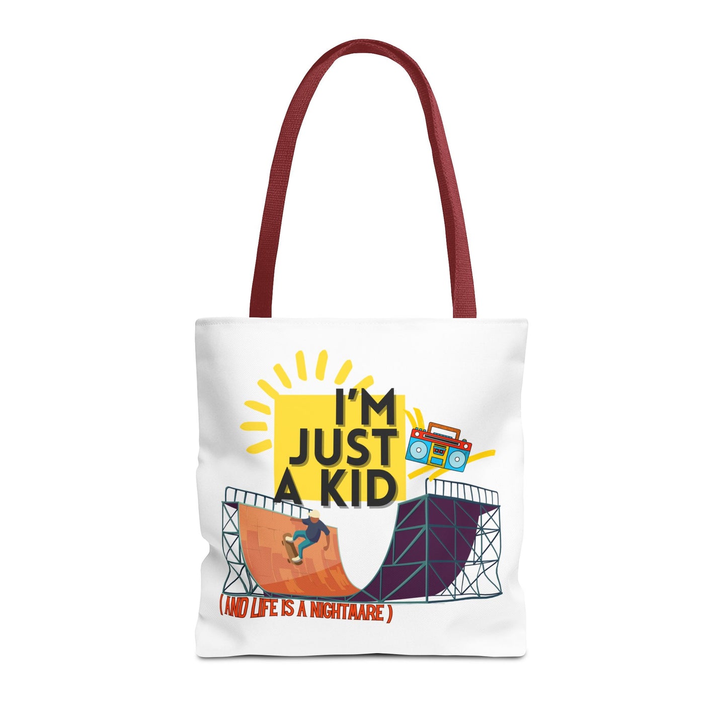 “I’m Just a Kid” Emotional Baggage Tote, Fun Kids Tote, Birthday Gift, School Bag, Everyday Essentials, AOP Design - Mixtape Hearts